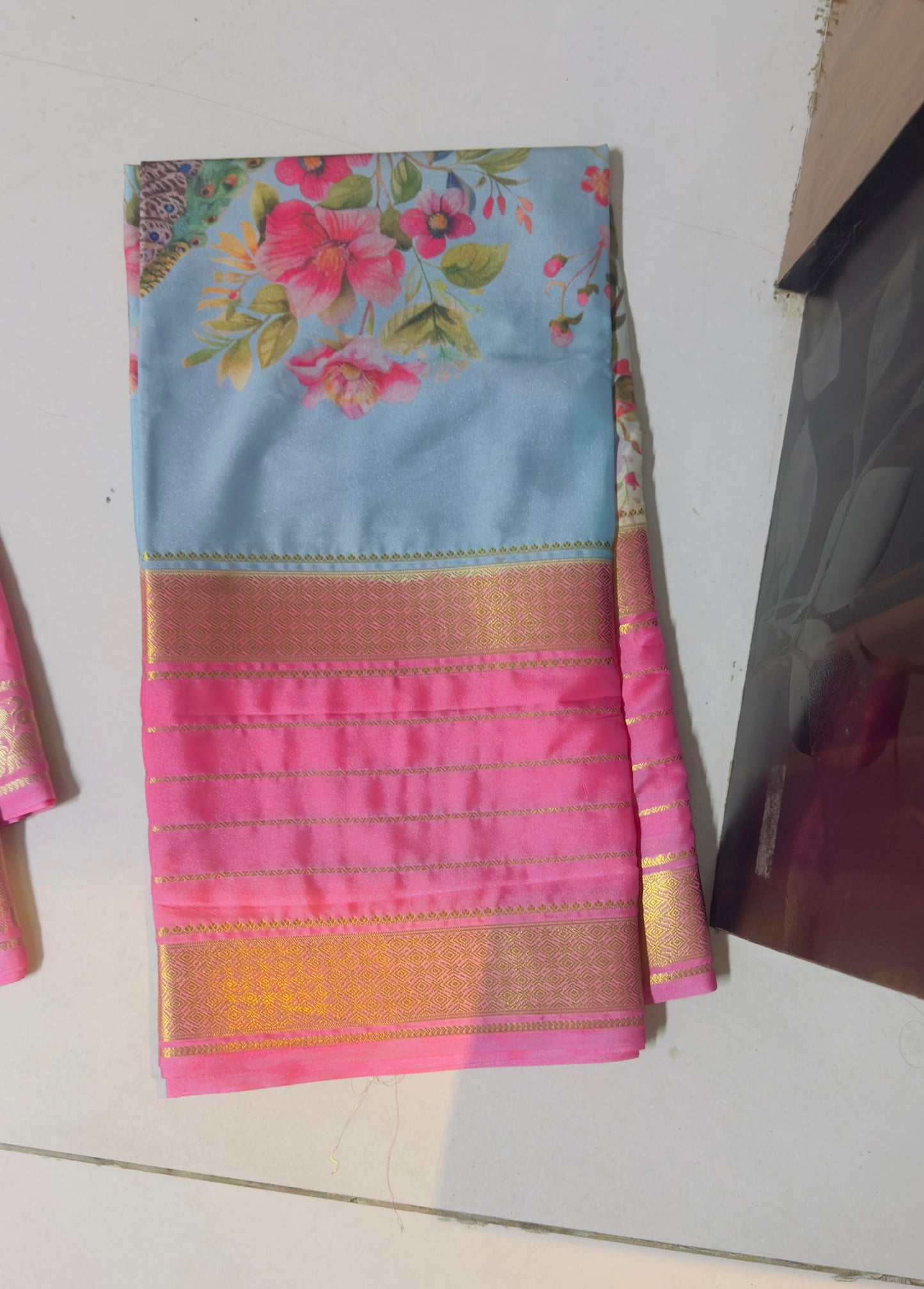 Pastels Digital Printed Saree - Pink and Sky Blue