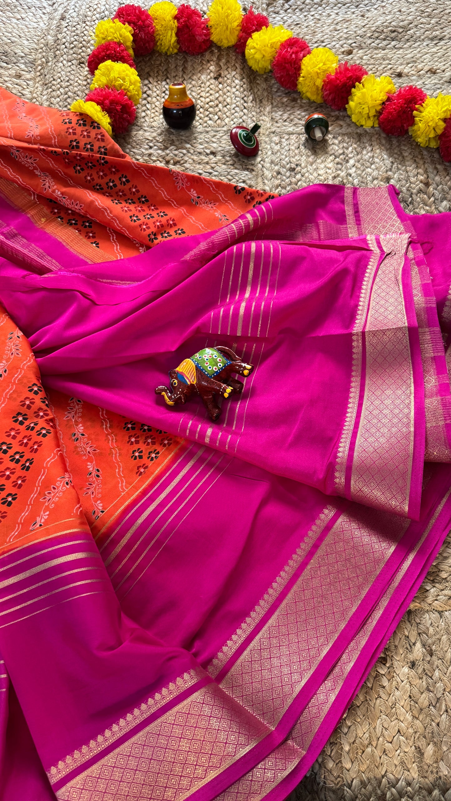 Digital Print 2D Saree - Orange and Pink