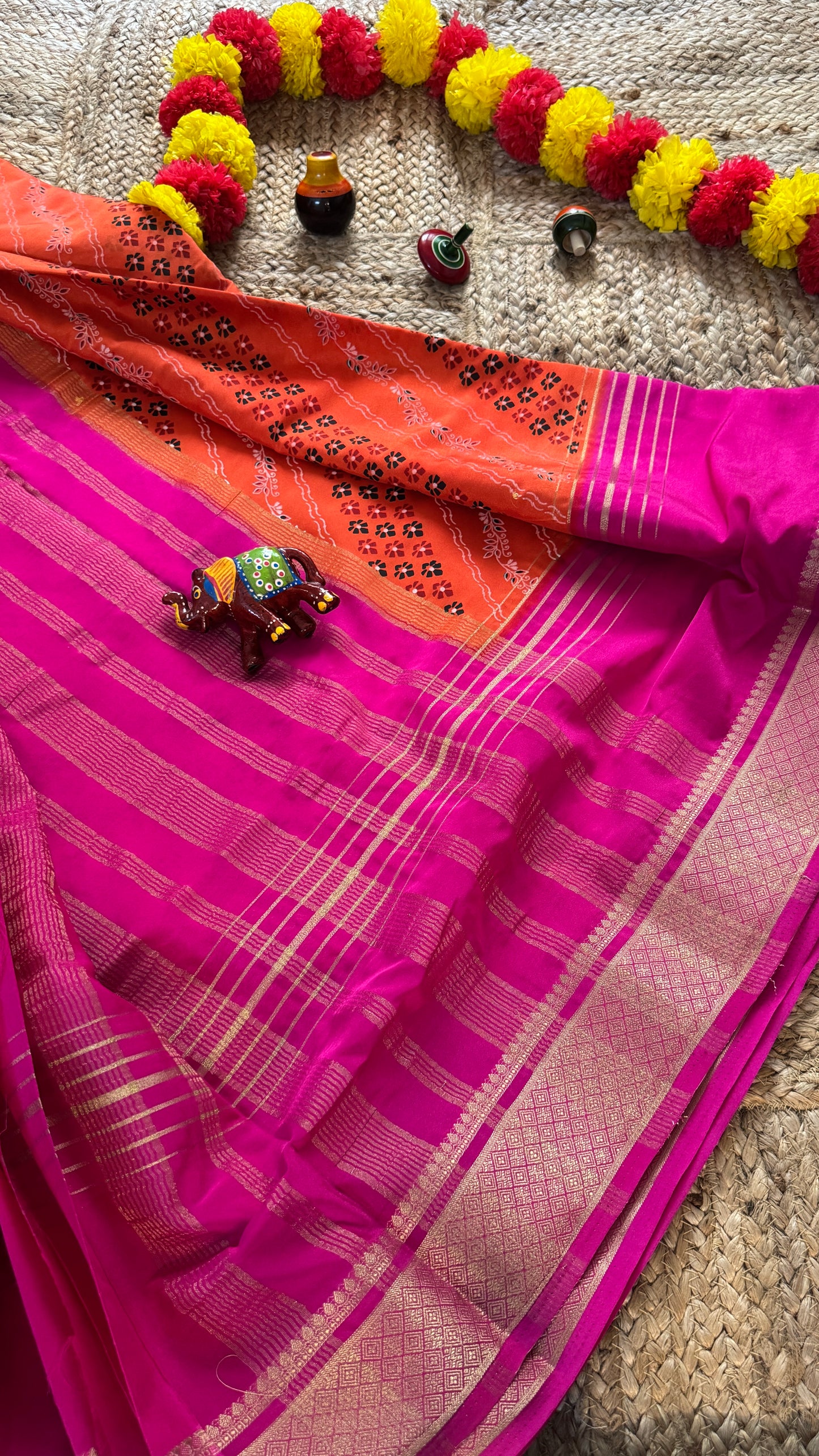 Digital Print 2D Saree - Orange and Pink