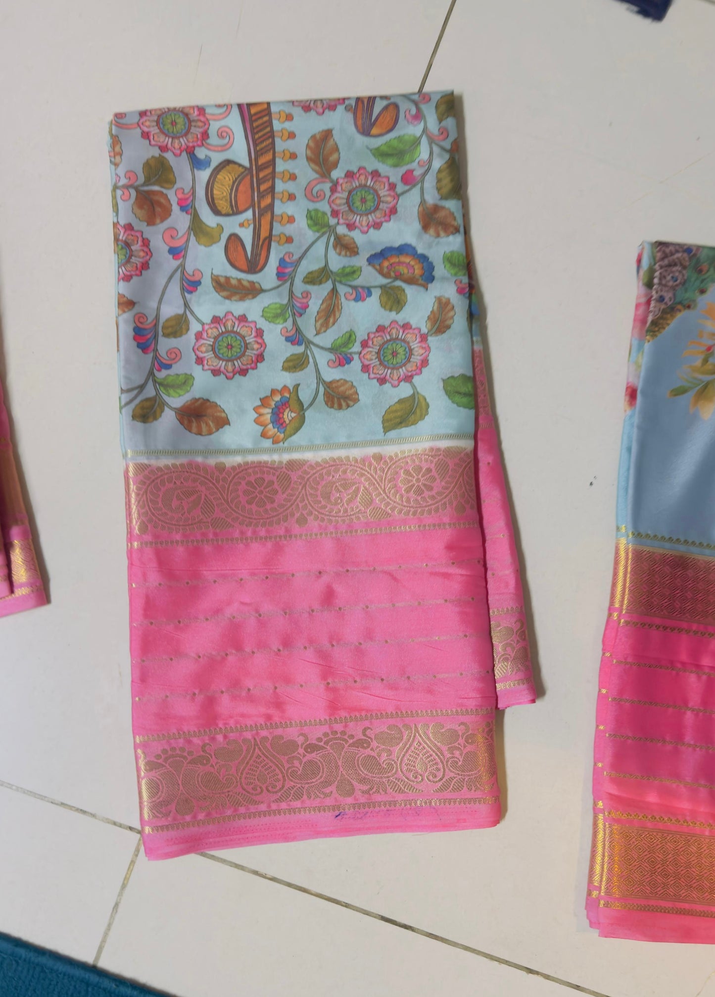 Pastels Digital Printed Saree - Pink and Sky Blue