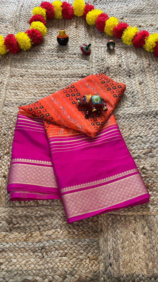 Digital Print 2D Saree - Orange and Pink