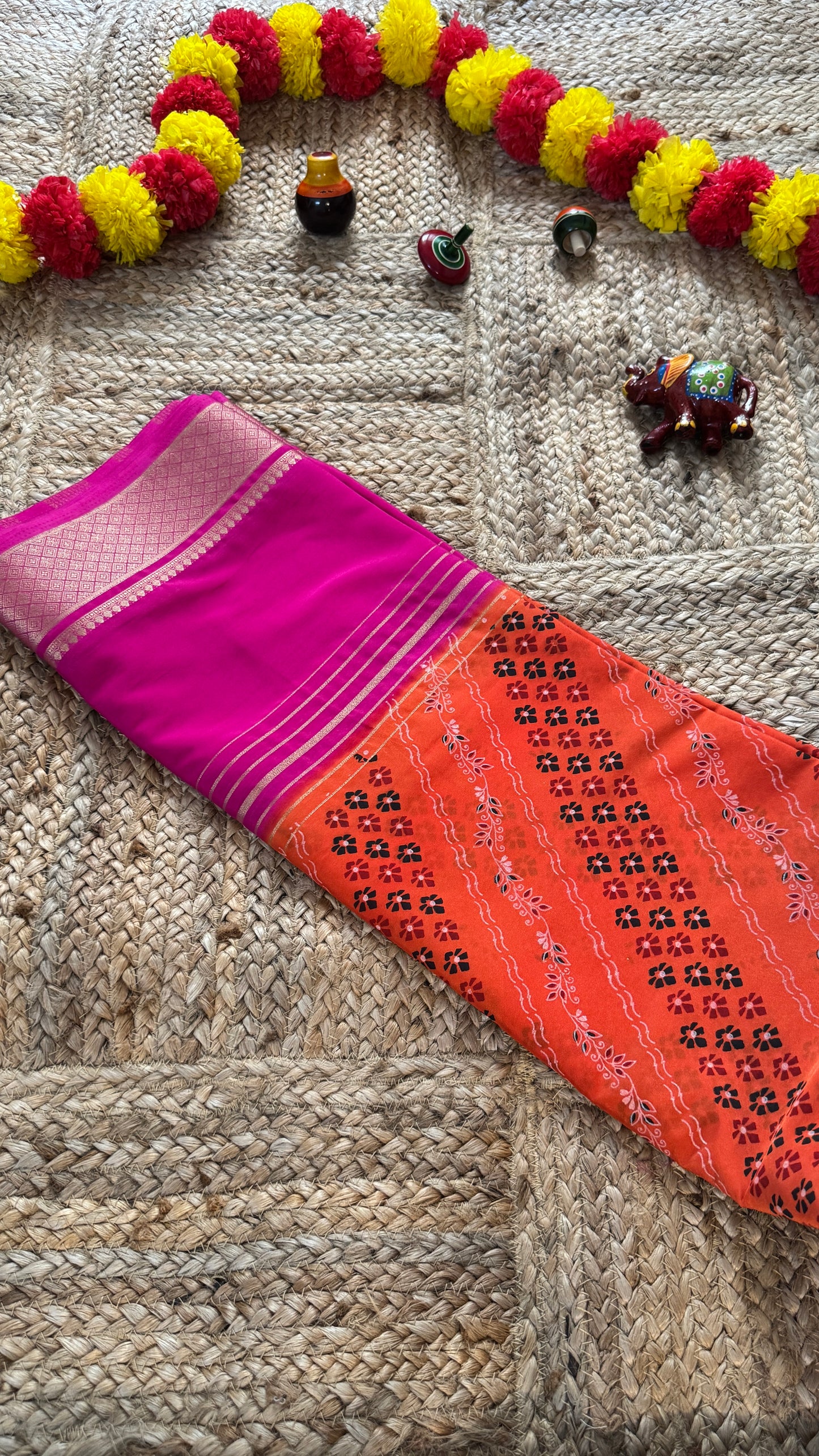 Digital Print 2D Saree - Orange and Pink