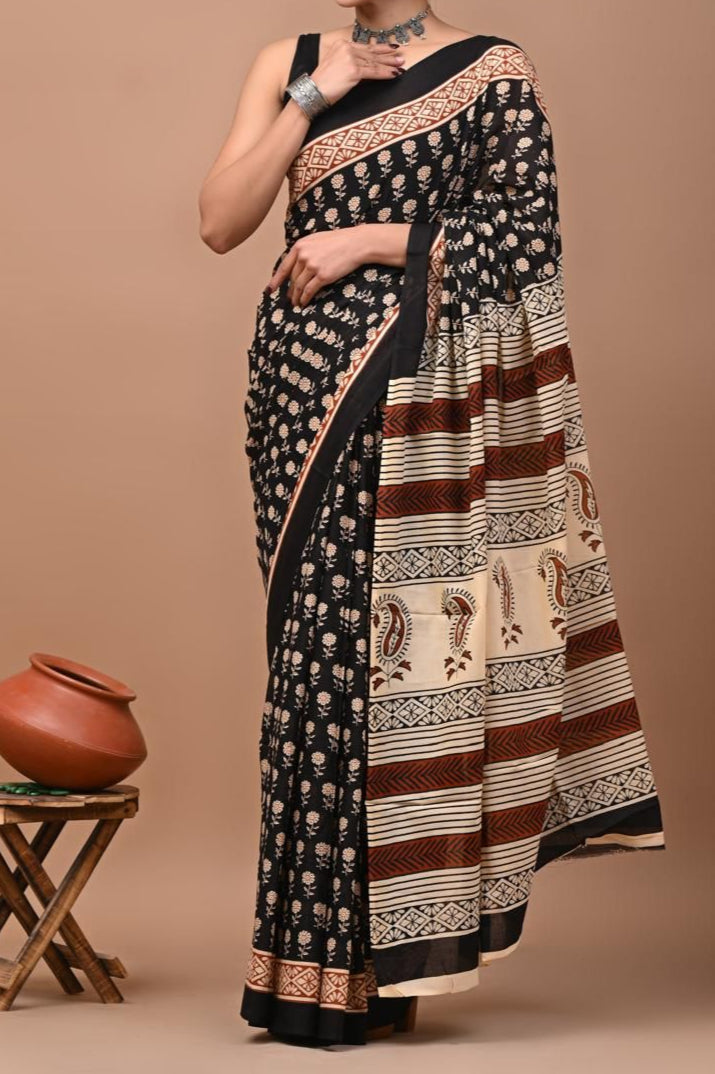 Mul Mul Cotton Sarees - Black and Beige
