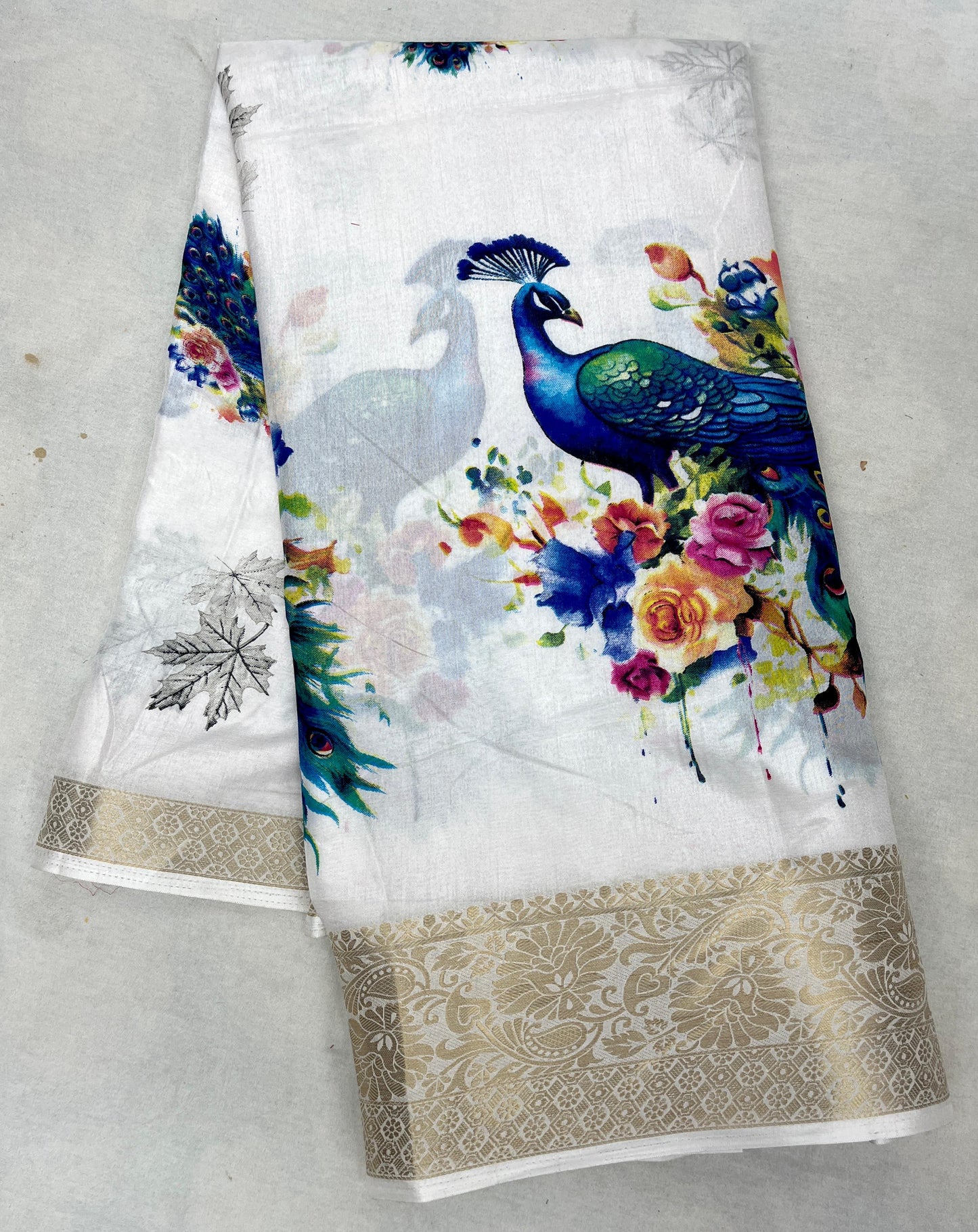 Dola Silk Jacquard Sarees - White with peacock print