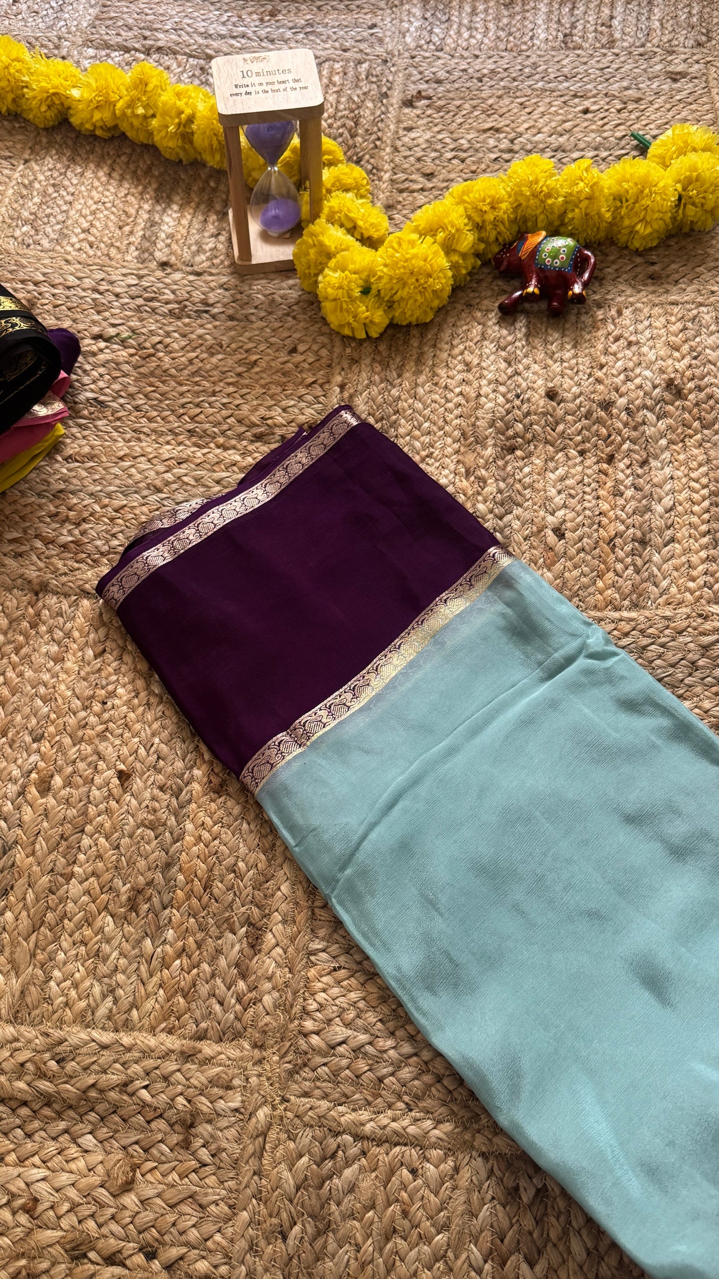 Wrinkle Crepe Silk Saree - Teal + Purple