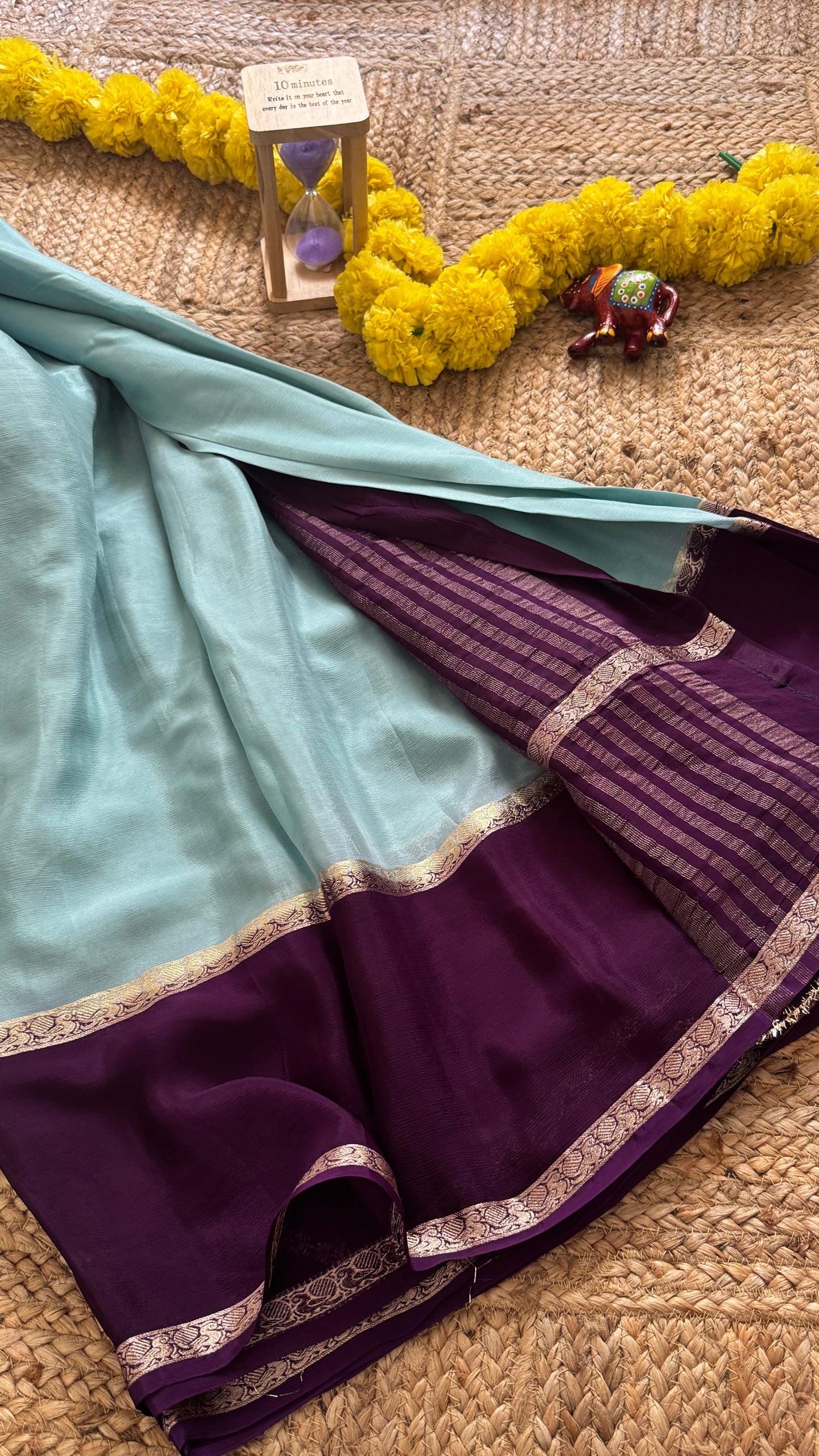 Wrinkle Crepe Silk Saree - Teal + Purple