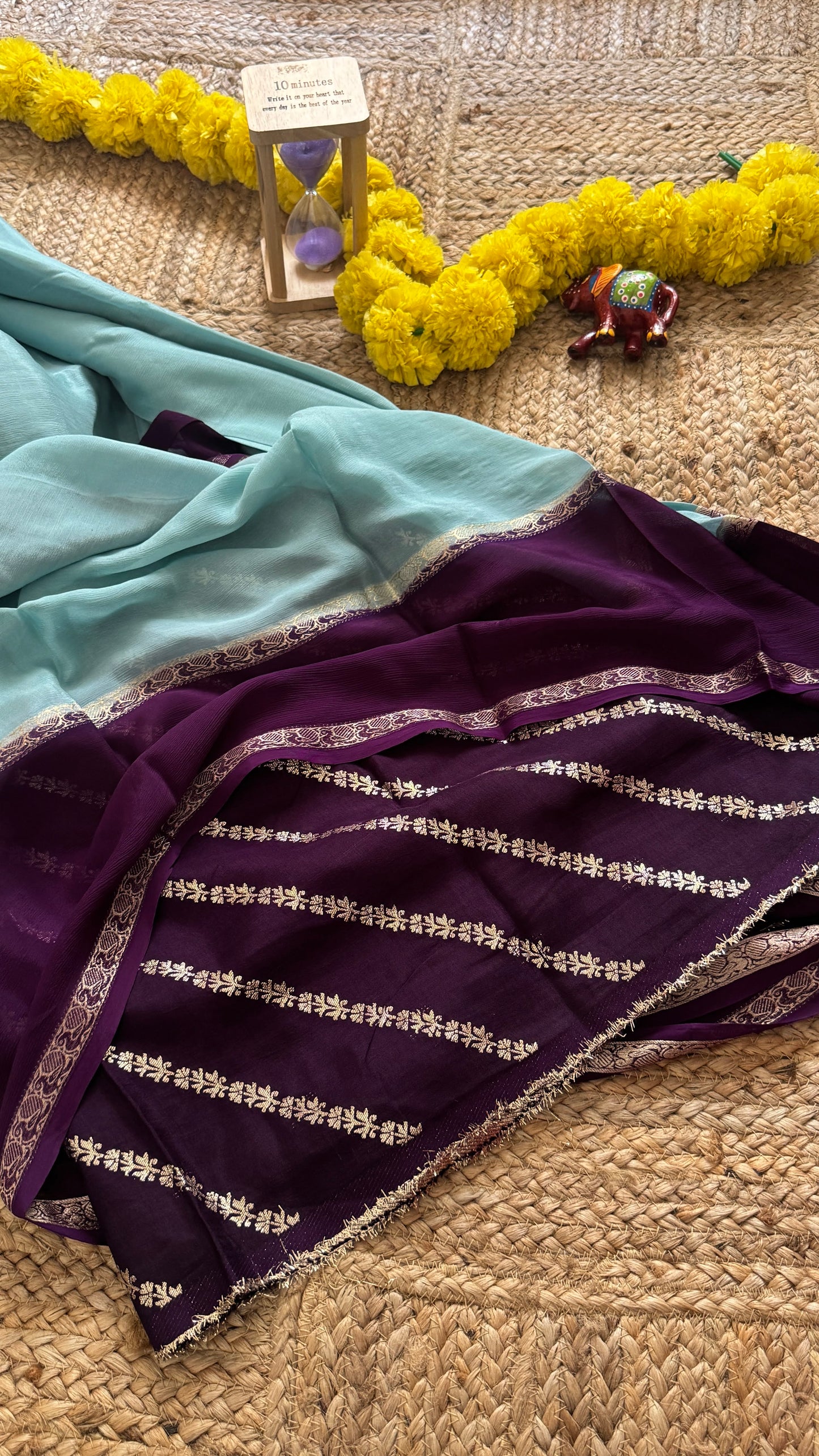Wrinkle Crepe Silk Saree - Teal + Purple