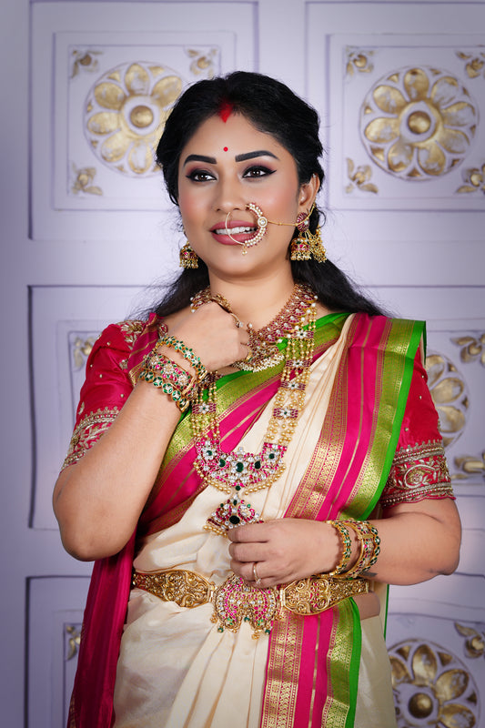 8. Pure Mysore Silk - Bespoke Drapes - White & Rani Pink & Green