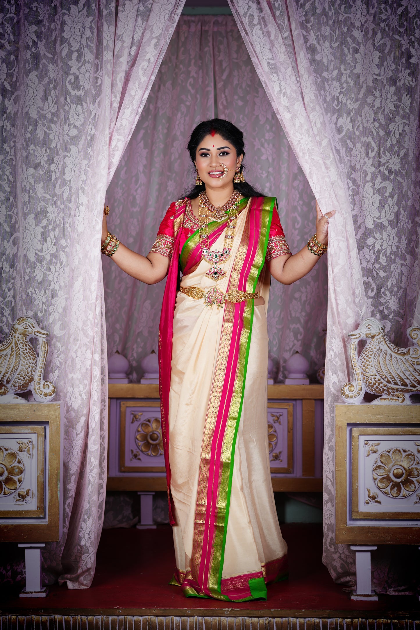 8. Pure Mysore Silk - Bespoke Drapes - White & Rani Pink & Green