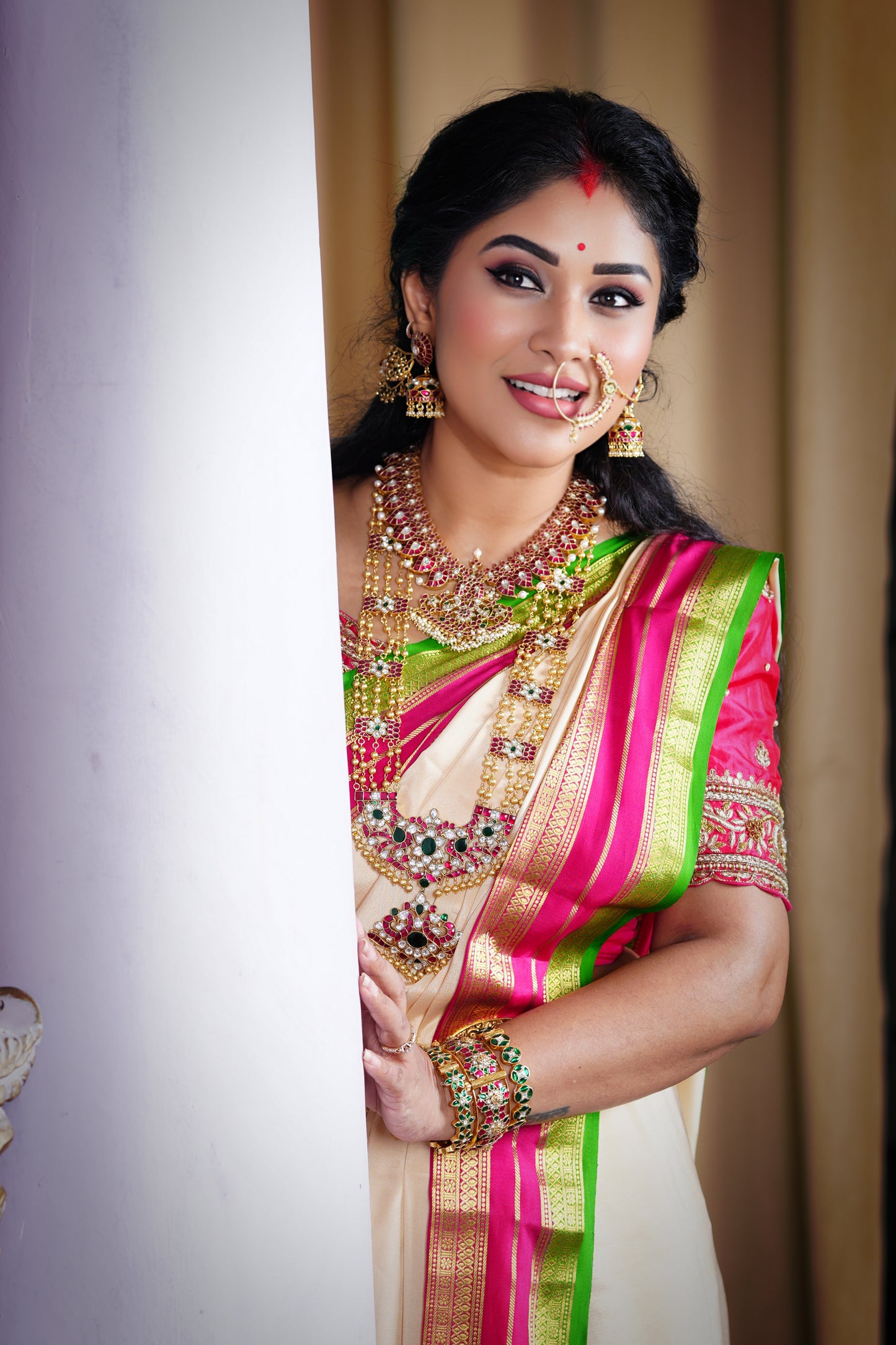 8. Pure Mysore Silk - Bespoke Drapes - White & Rani Pink & Green