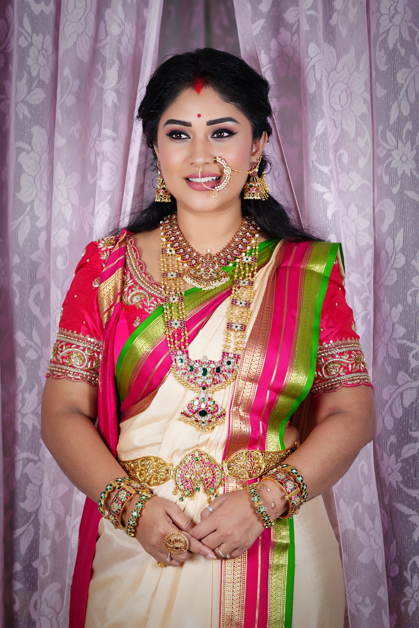 8. Pure Mysore Silk - Bespoke Drapes - White & Rani Pink & Green