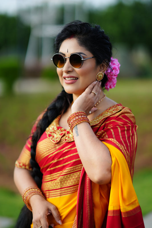 Pure Mysore Silk - Bespoke Drapes - Mustard and Red Lines Boarder