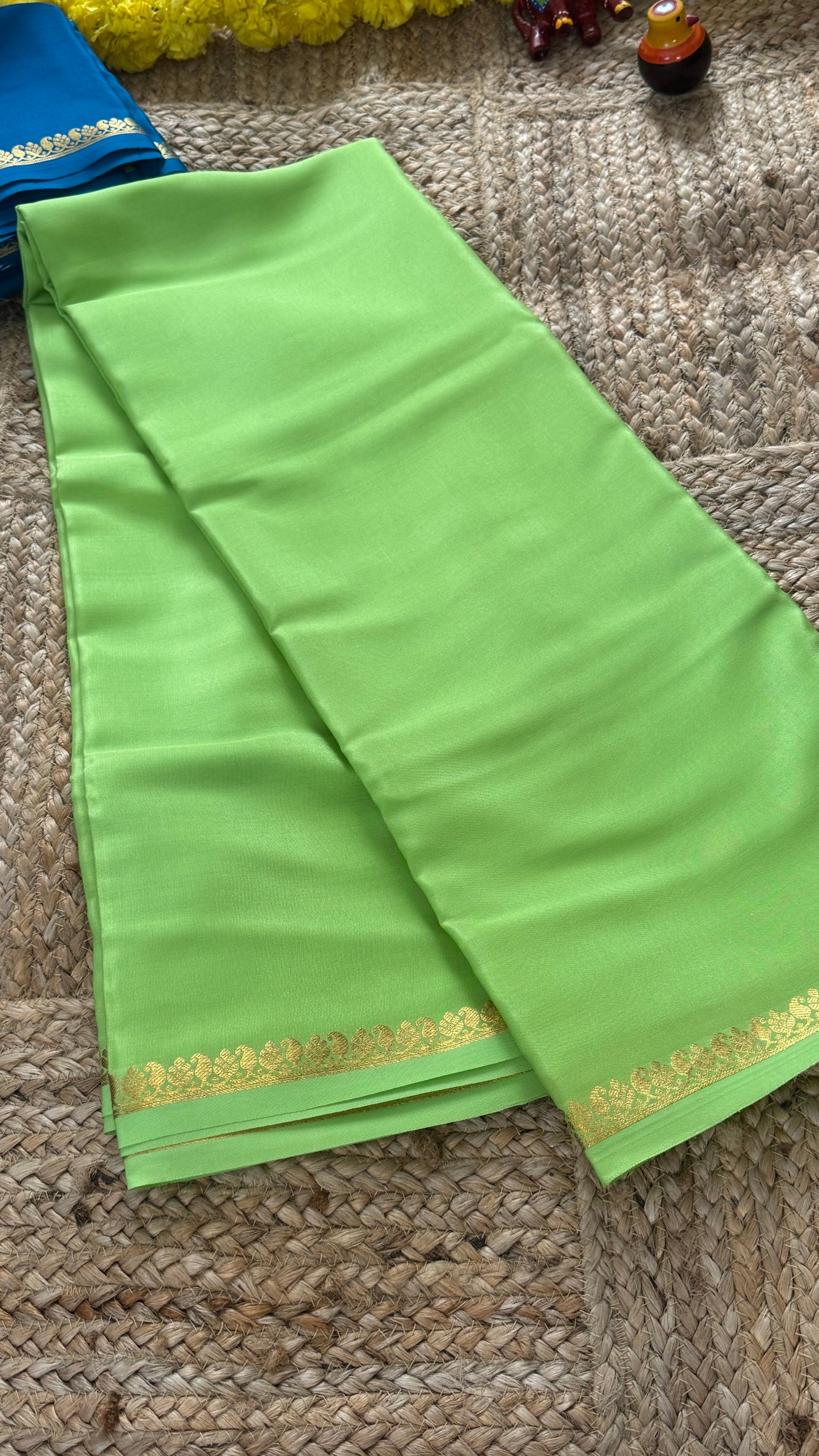 Combo Offer - Parrot Green Monotone Mysuru Silk Saree + Designer second Blouse fabric