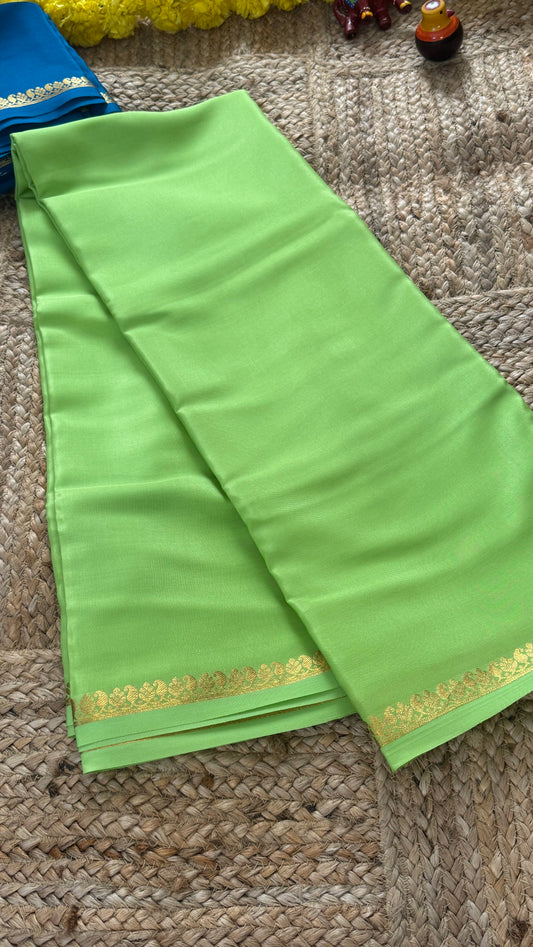 Pure Mysore Silk Saree - Mango Boarder Light Green
