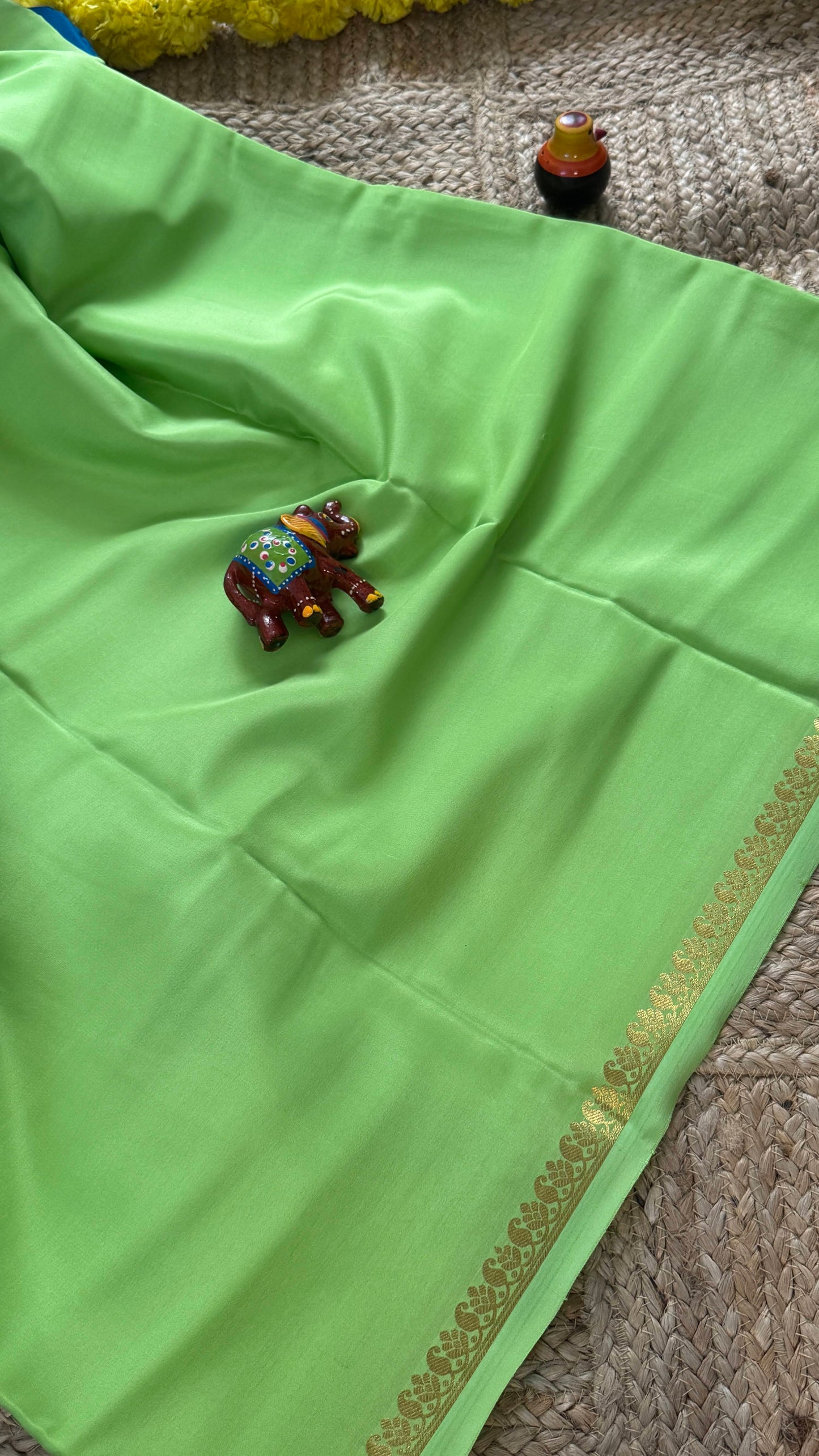 Combo Offer - Parrot Green Monotone Mysuru Silk Saree + Designer second Blouse fabric