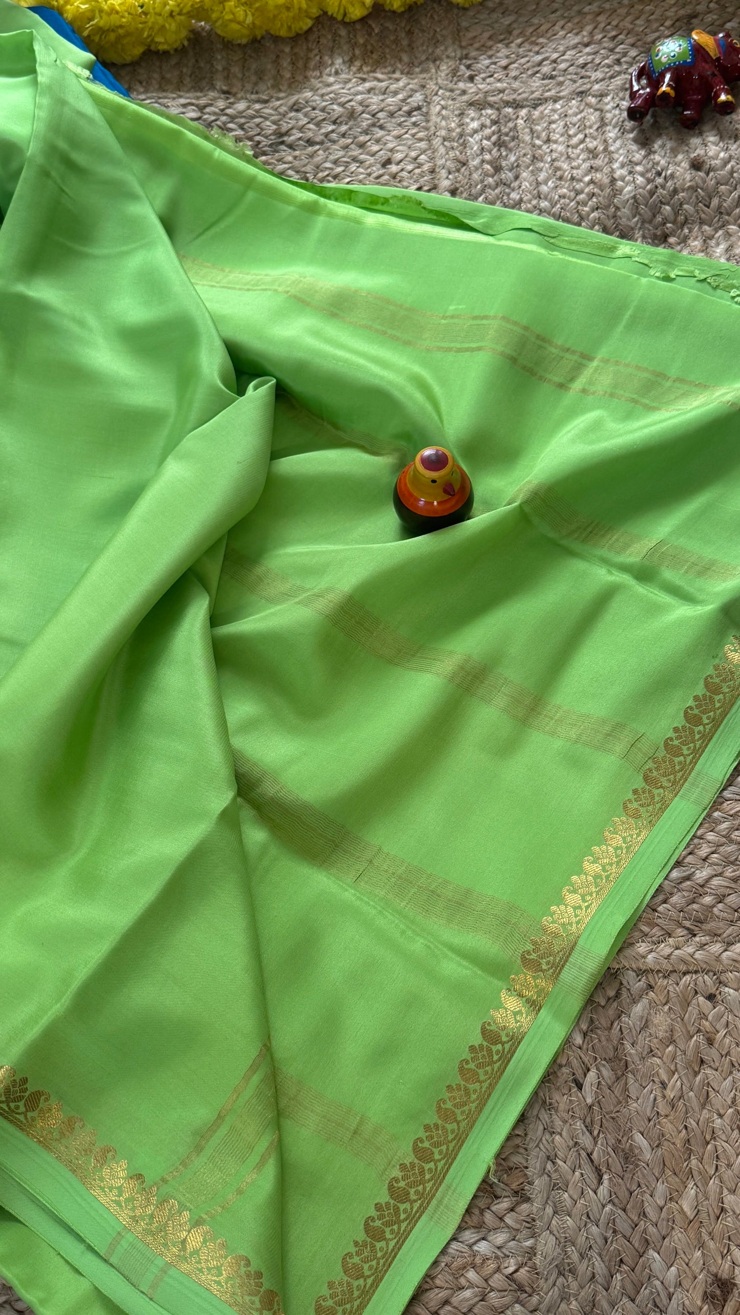 Combo Offer - Parrot Green Monotone Mysuru Silk Saree + Designer second Blouse fabric