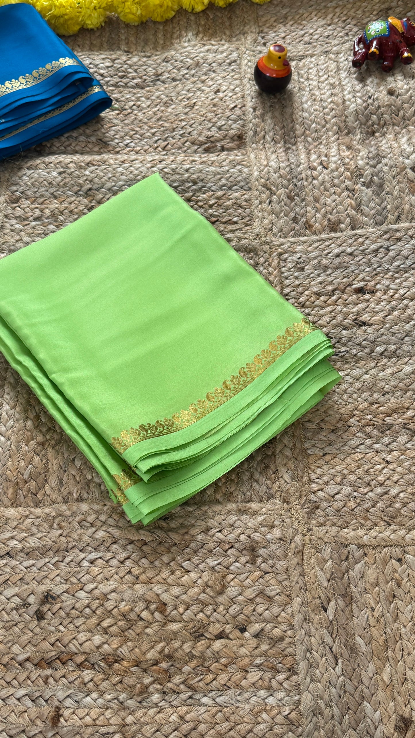 Combo Offer - Parrot Green Monotone Mysuru Silk Saree + Designer second Blouse fabric