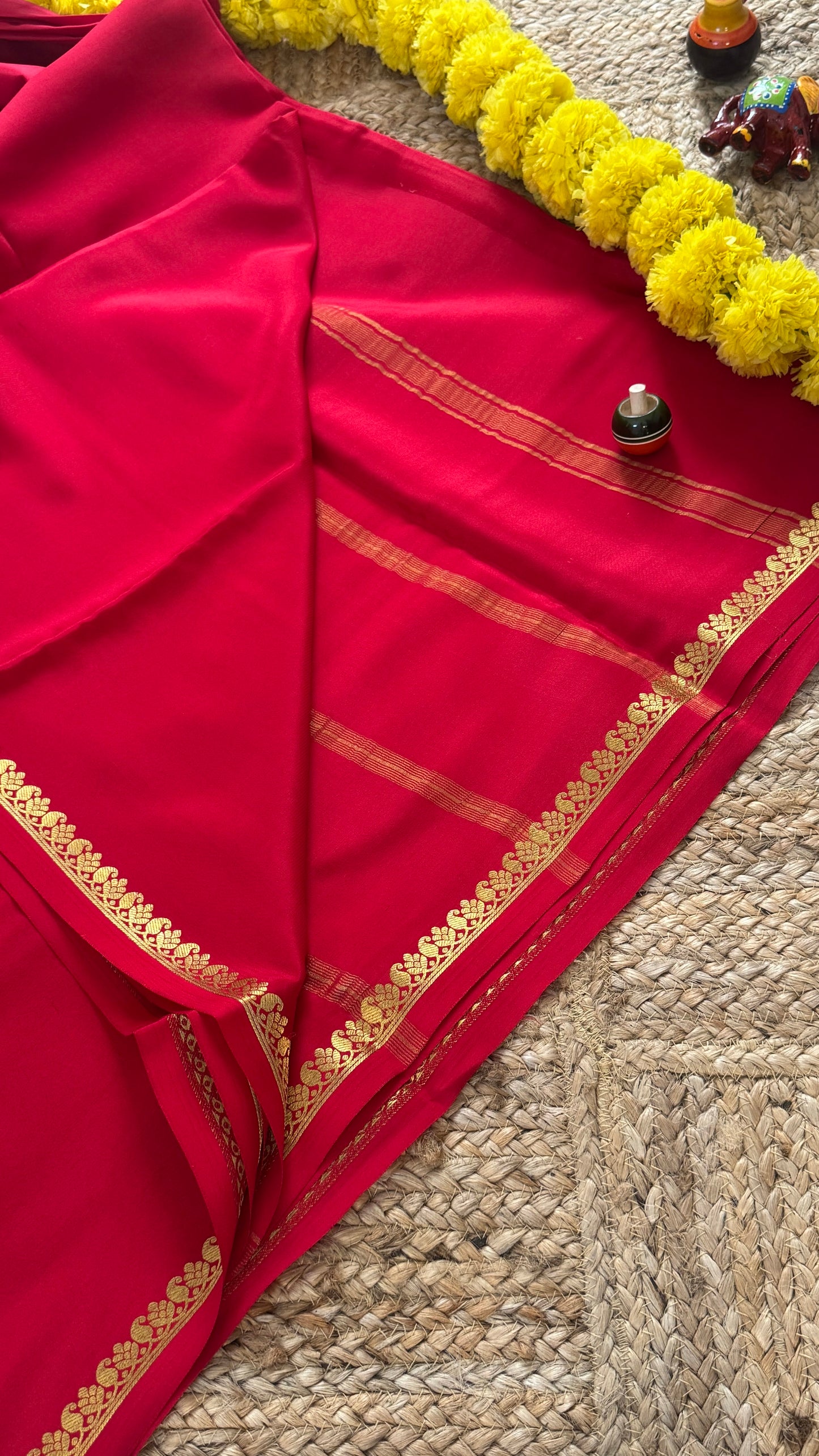 Combo Offer - Red Monotone Mysuru Silk Saree + Designer second Blouse fabric
