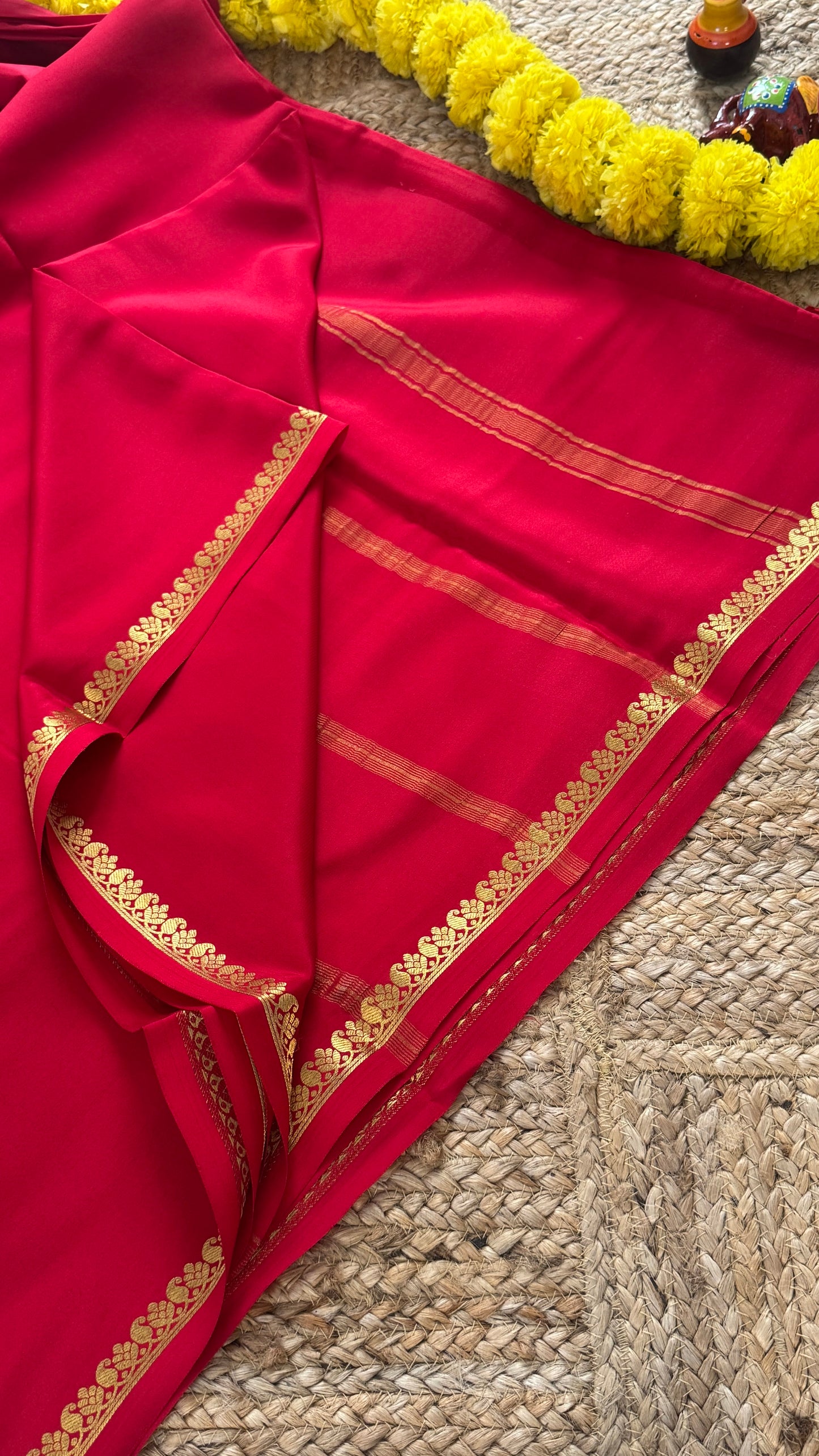 Combo Offer - Red Monotone Mysuru Silk Saree + Designer second Blouse fabric