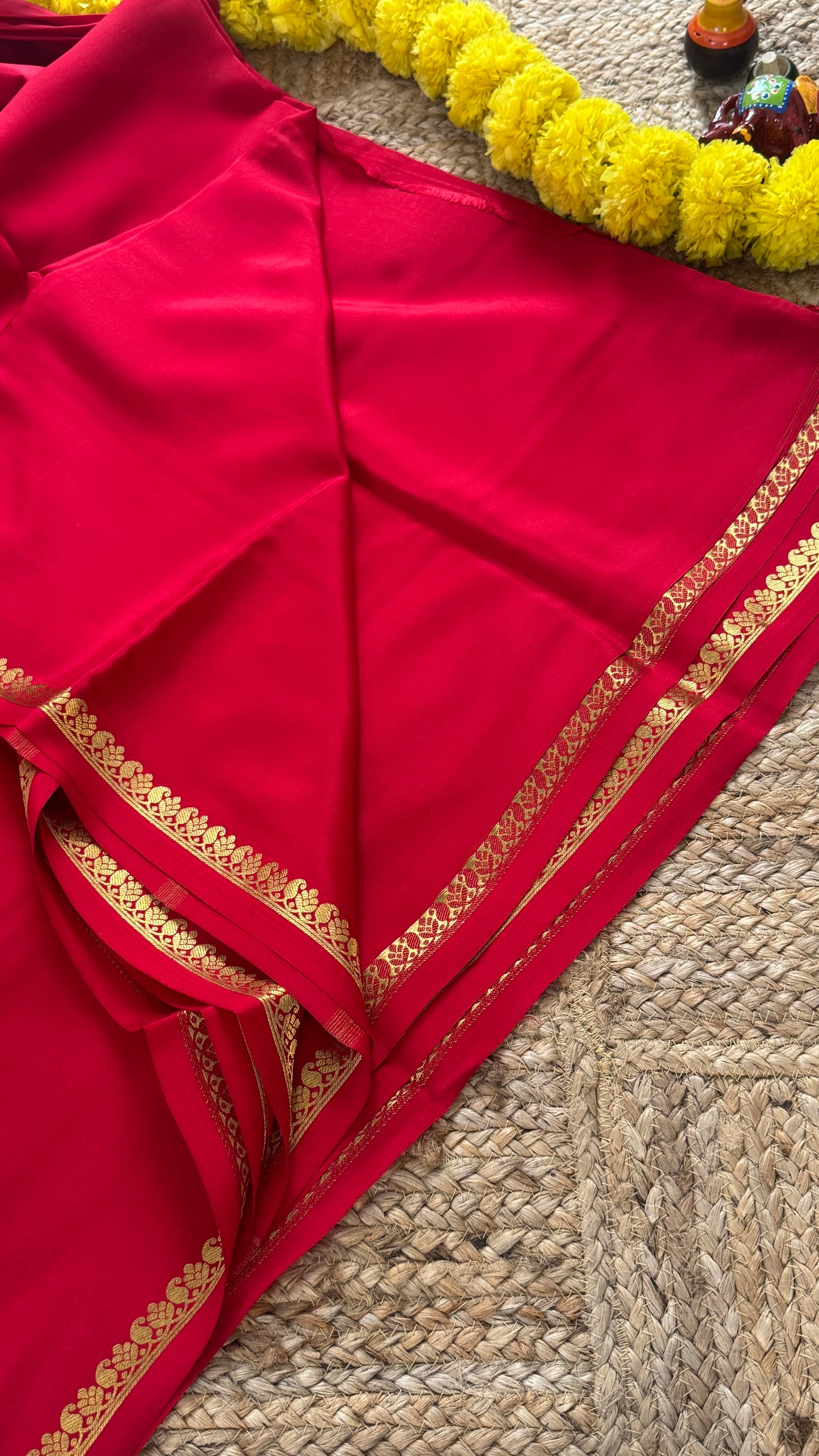 Combo Offer - Red Monotone Mysuru Silk Saree + Designer second Blouse fabric