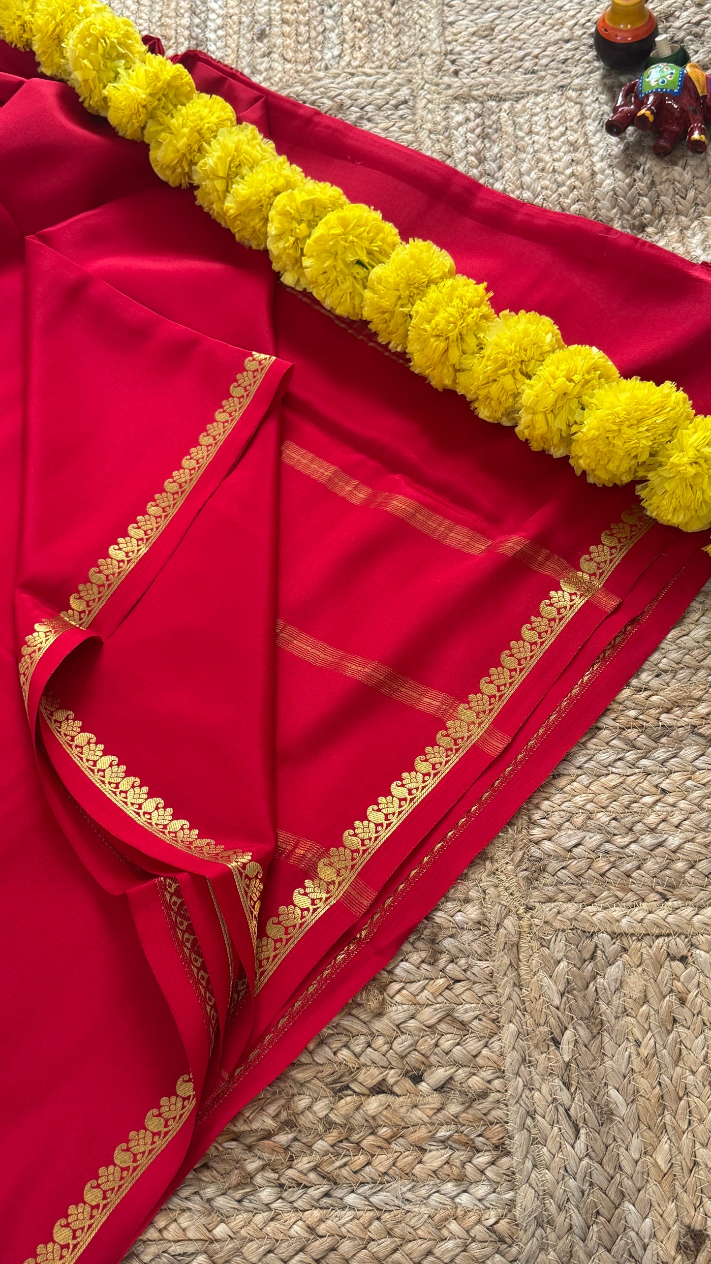 Combo Offer - Red Monotone Mysuru Silk Saree + Designer second Blouse fabric