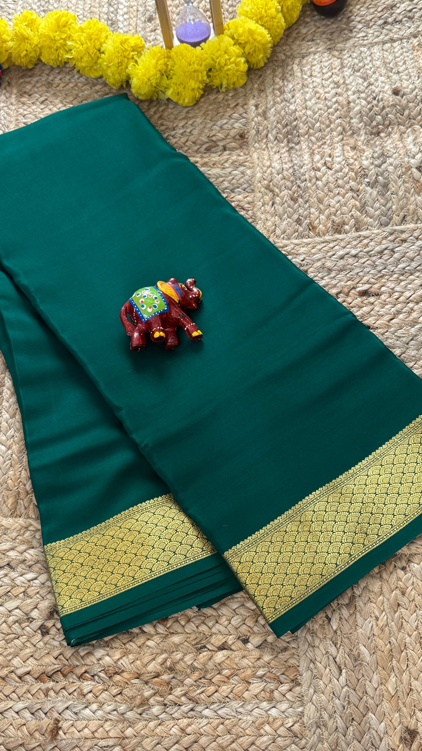 Pure Mysore Silk Saree - Thick Boarder Dark Green
