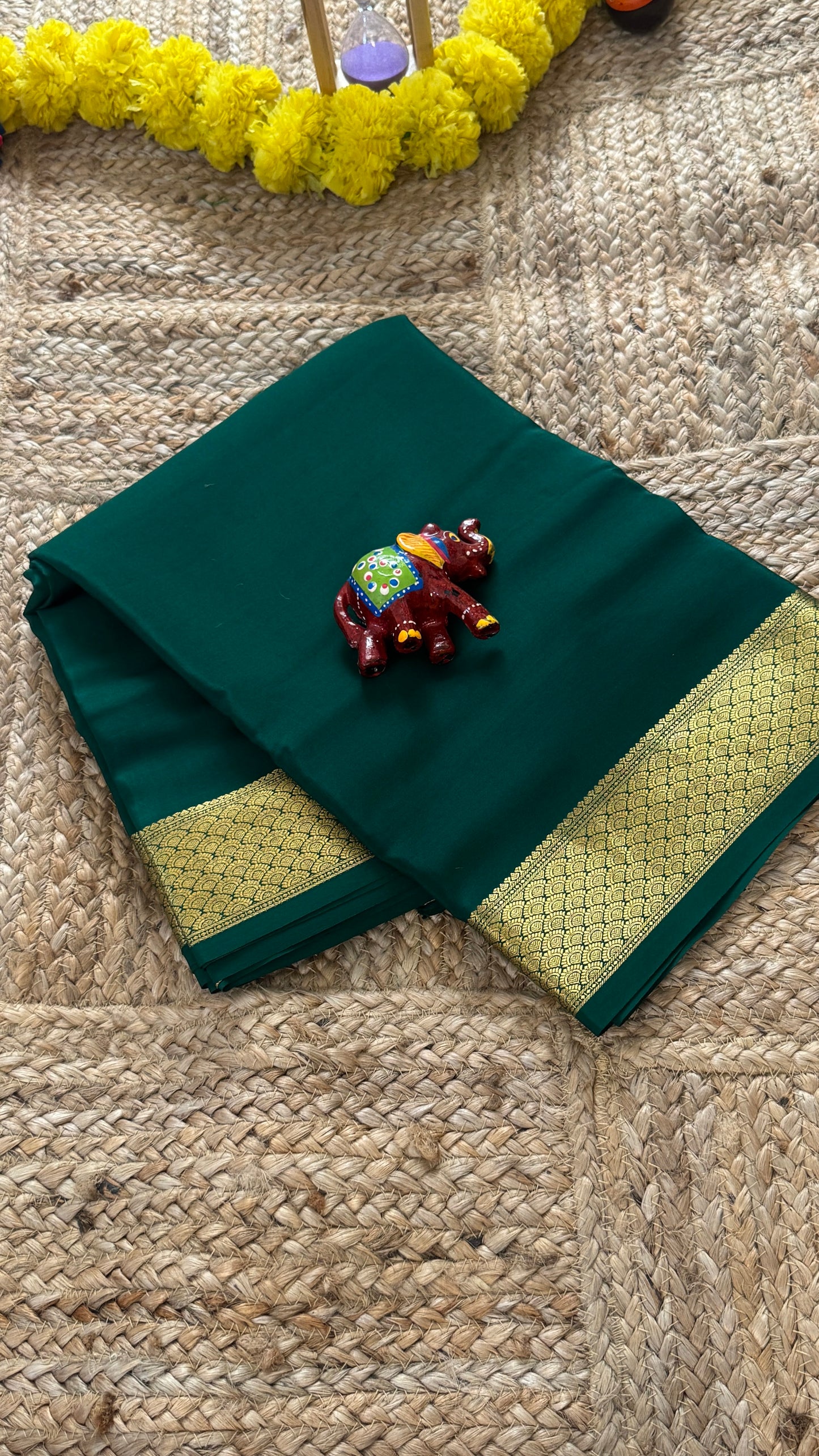 Combo Offer - Green Monotone Mysuru Silk Saree + Designer second Blouse fabric