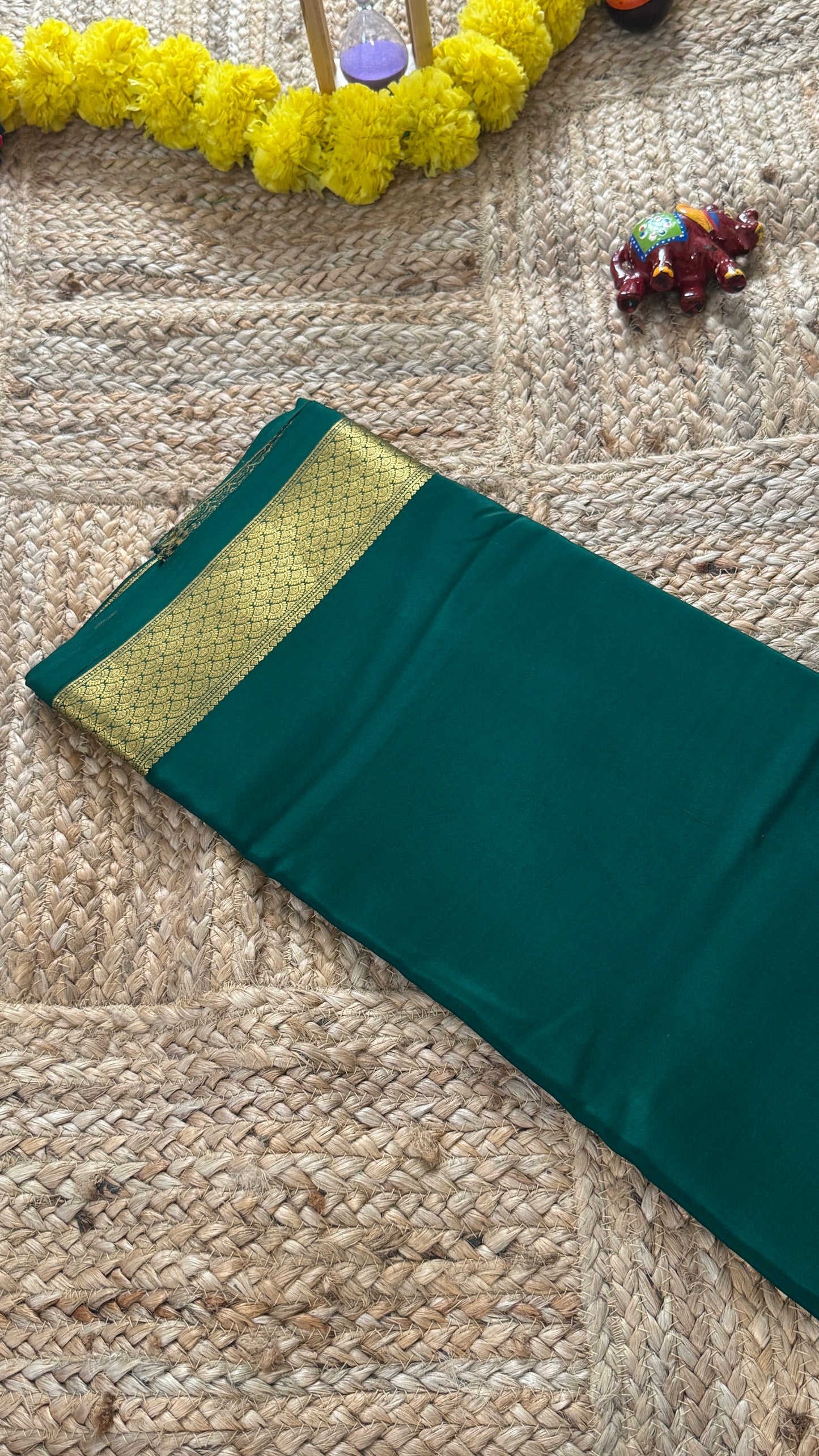 Combo Offer - Green Monotone Mysuru Silk Saree + Designer second Blouse fabric