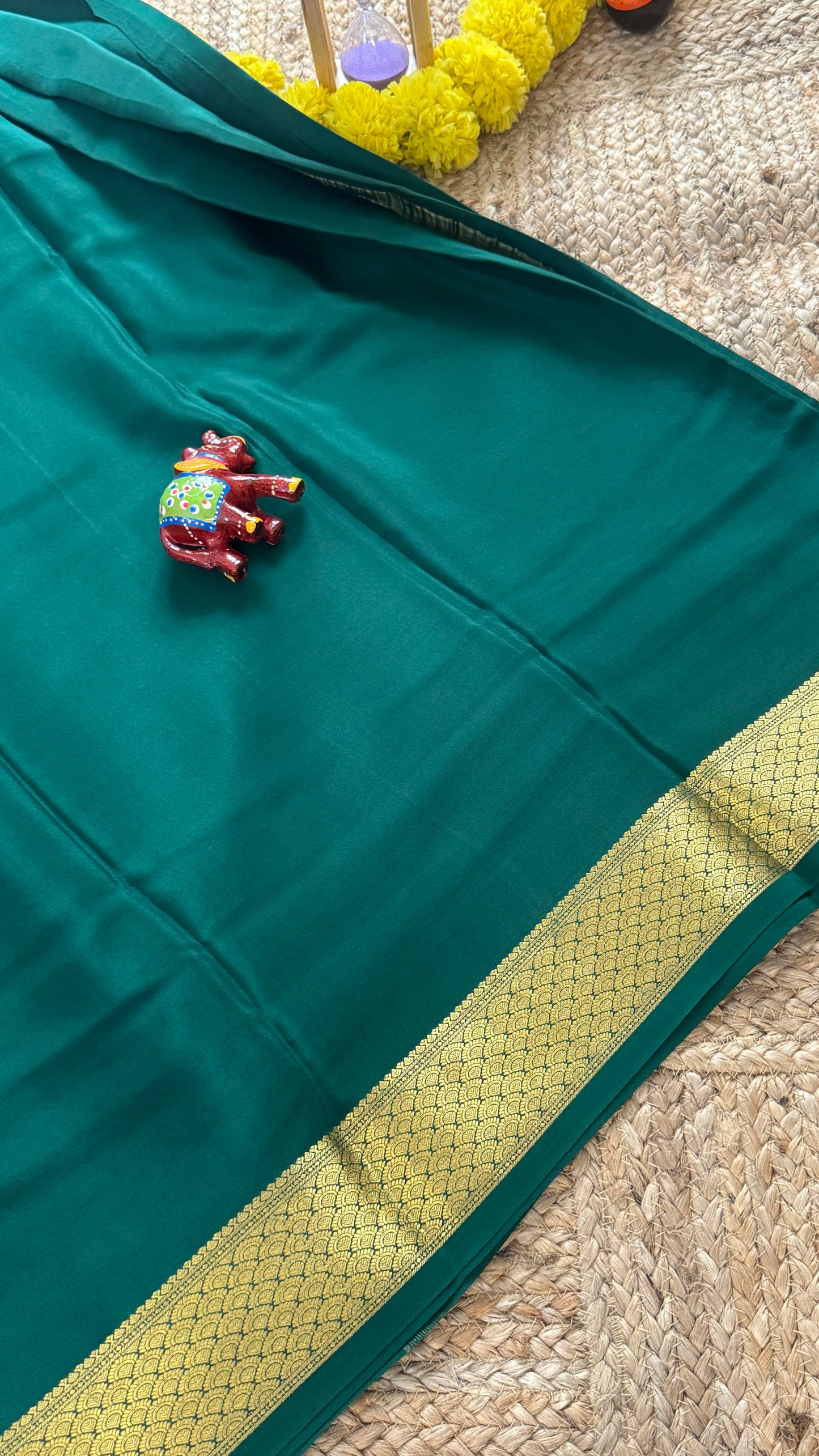 Combo Offer - Green Monotone Mysuru Silk Saree + Designer second Blouse fabric