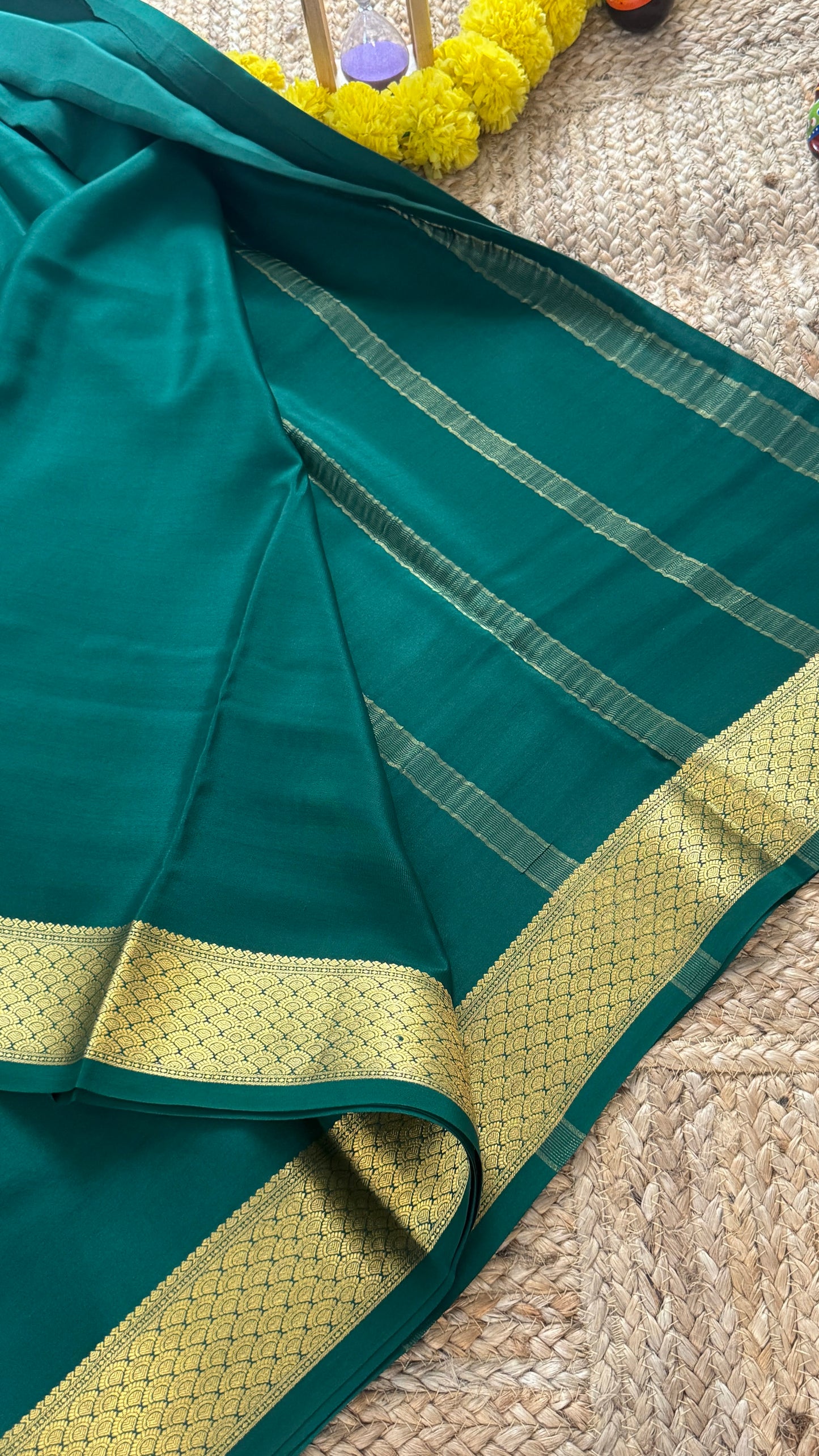 Combo Offer - Green Monotone Mysuru Silk Saree + Designer second Blouse fabric