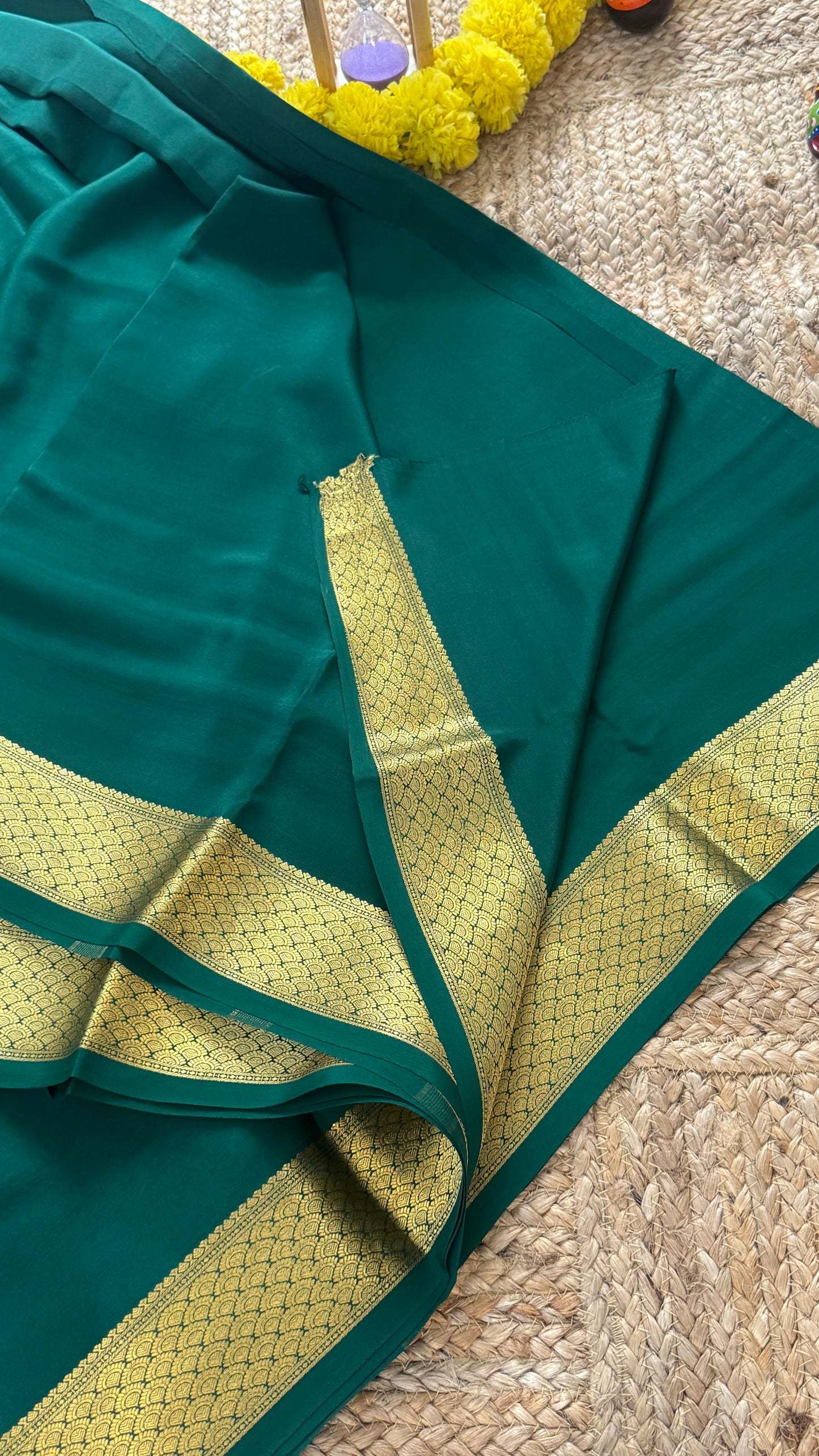 Combo Offer - Green Monotone Mysuru Silk Saree + Designer second Blouse fabric