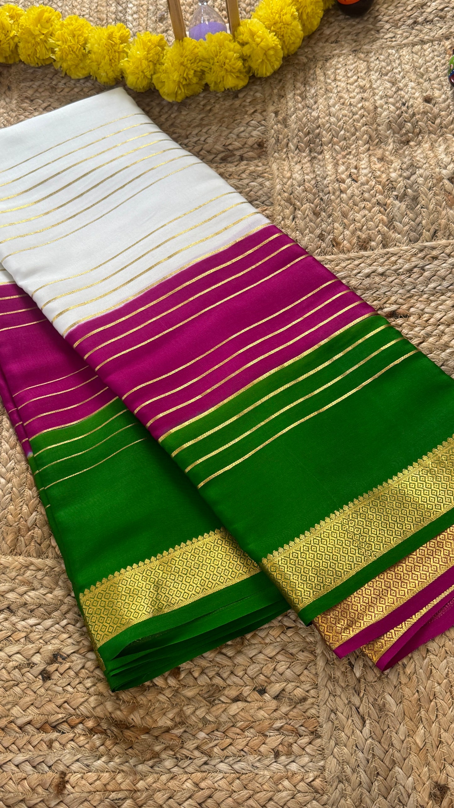 Premium Mysore Silk 3D Saree - White Green Purple