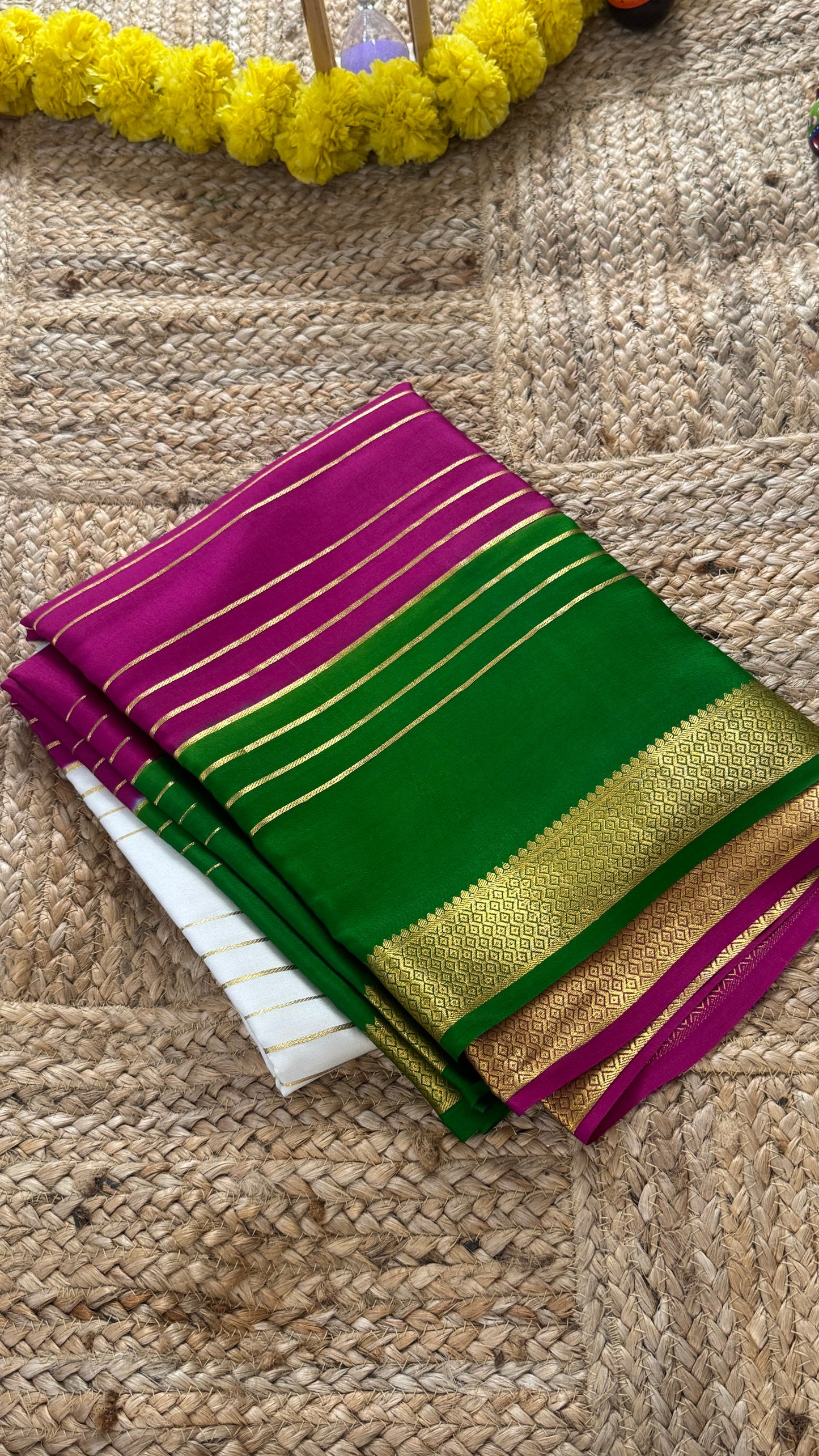 Premium Mysore Silk 3D Saree - White Green Purple