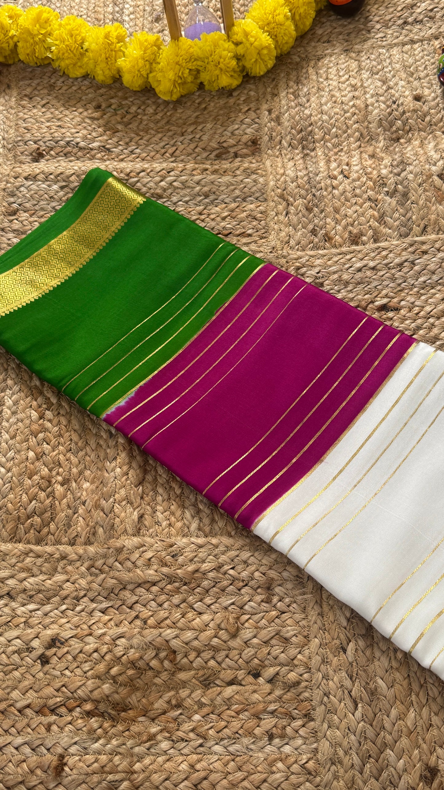 Premium Mysore Silk 3D Saree - White Green Purple