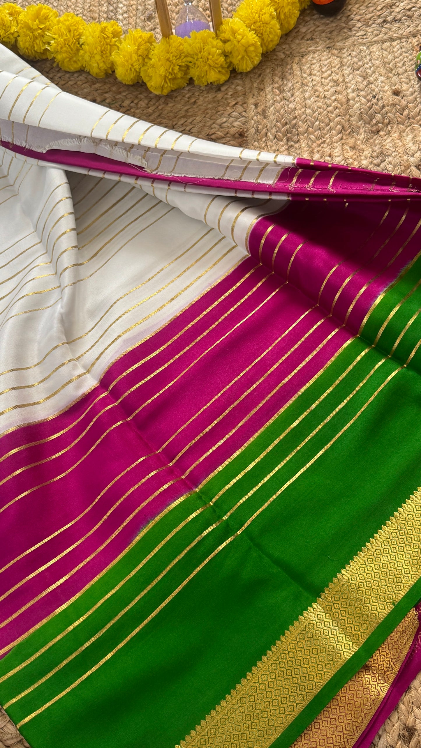 Premium Mysore Silk 3D Saree - White Green Purple