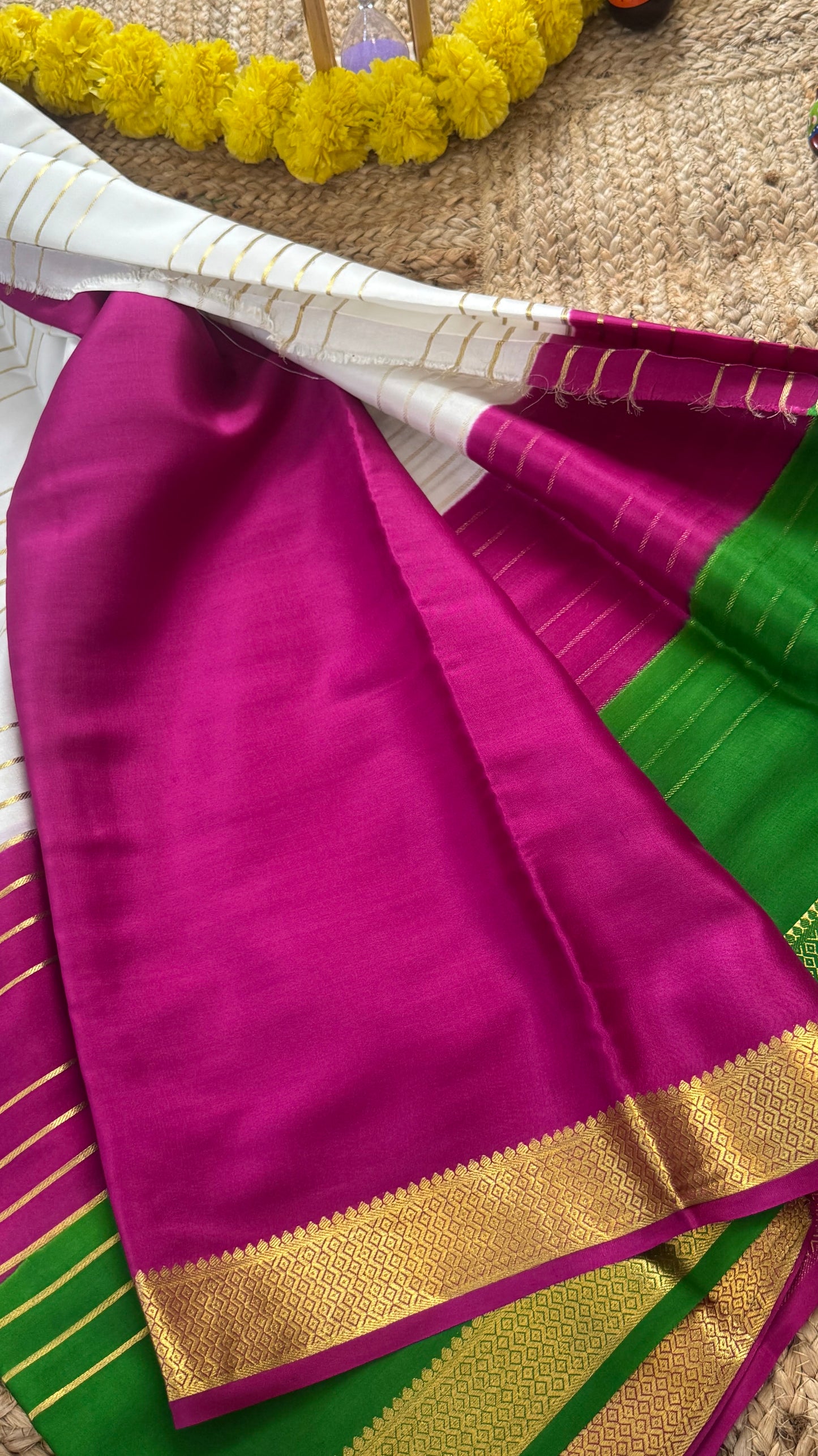 Premium Mysore Silk 3D Saree - White Green Purple