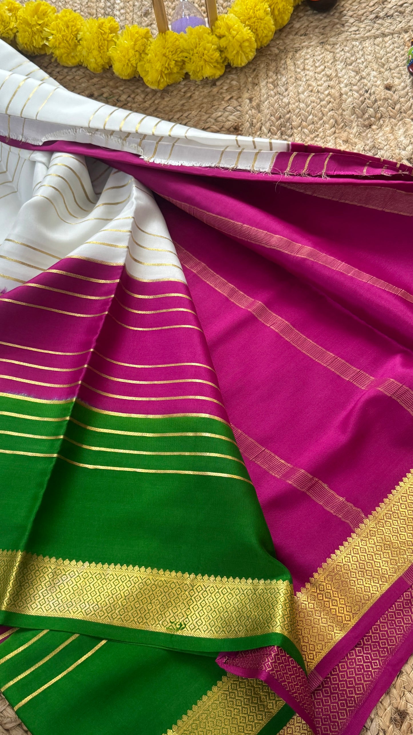 Premium Mysore Silk 3D Saree - White Green Purple