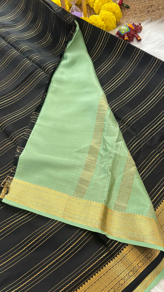 Pure Mysore Silk Sarees - Bespoke Drapes - Black & Light Green