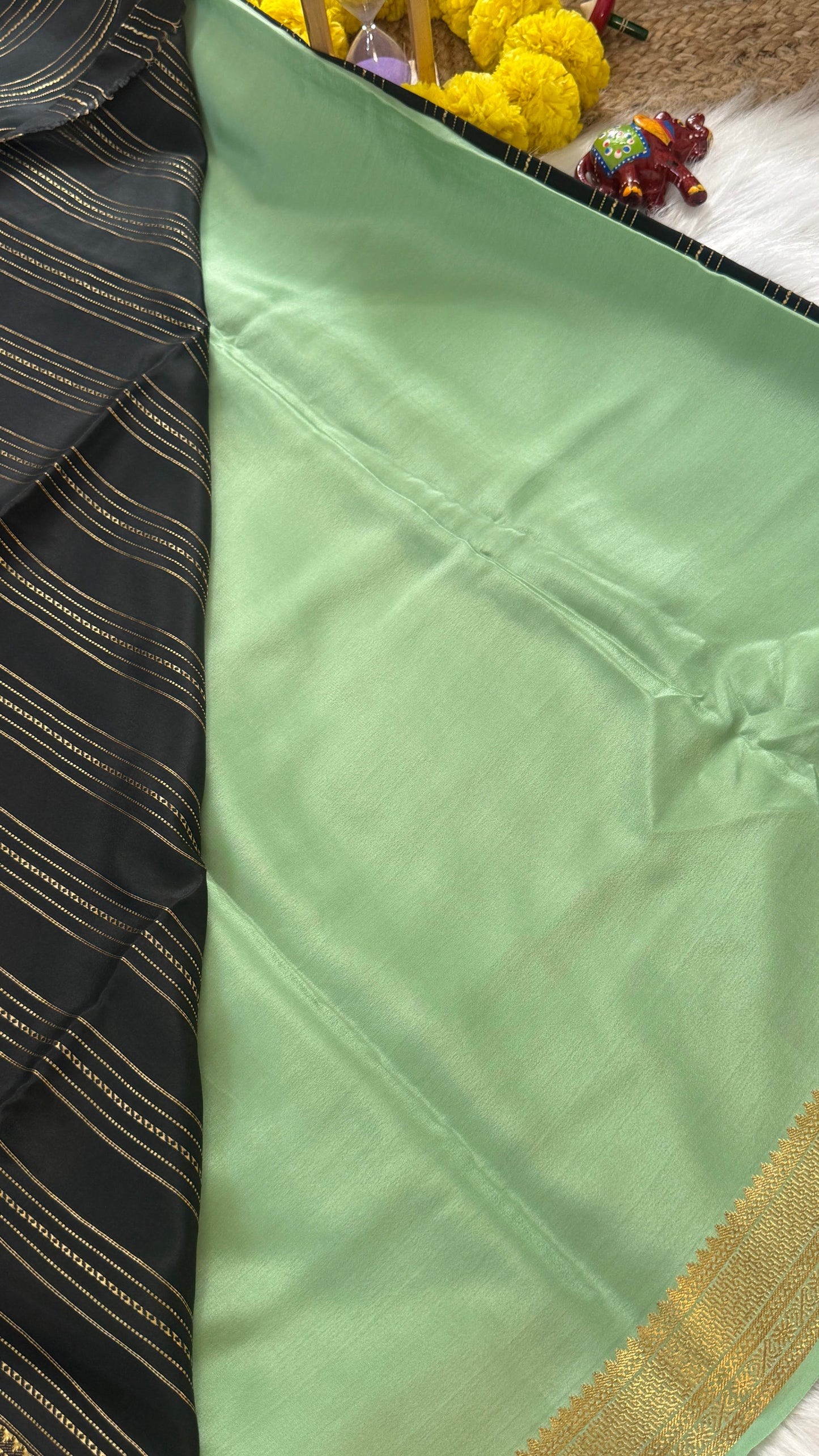 Pure Mysore Silk Sarees - Bespoke Drapes - Black & Light Green