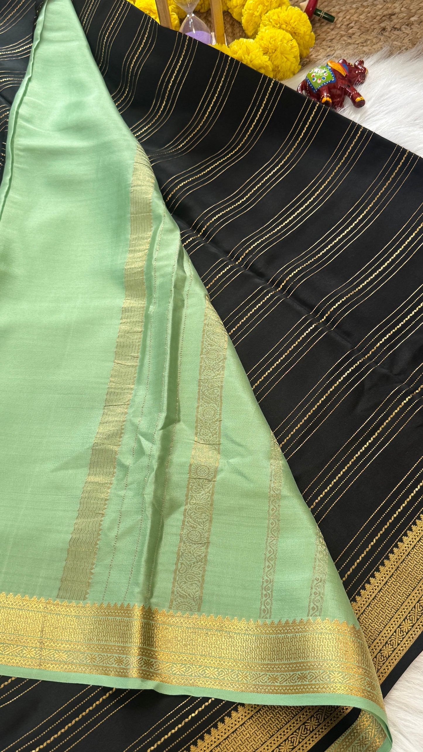 Pure Mysore Silk Sarees - Bespoke Drapes - Black & Light Green