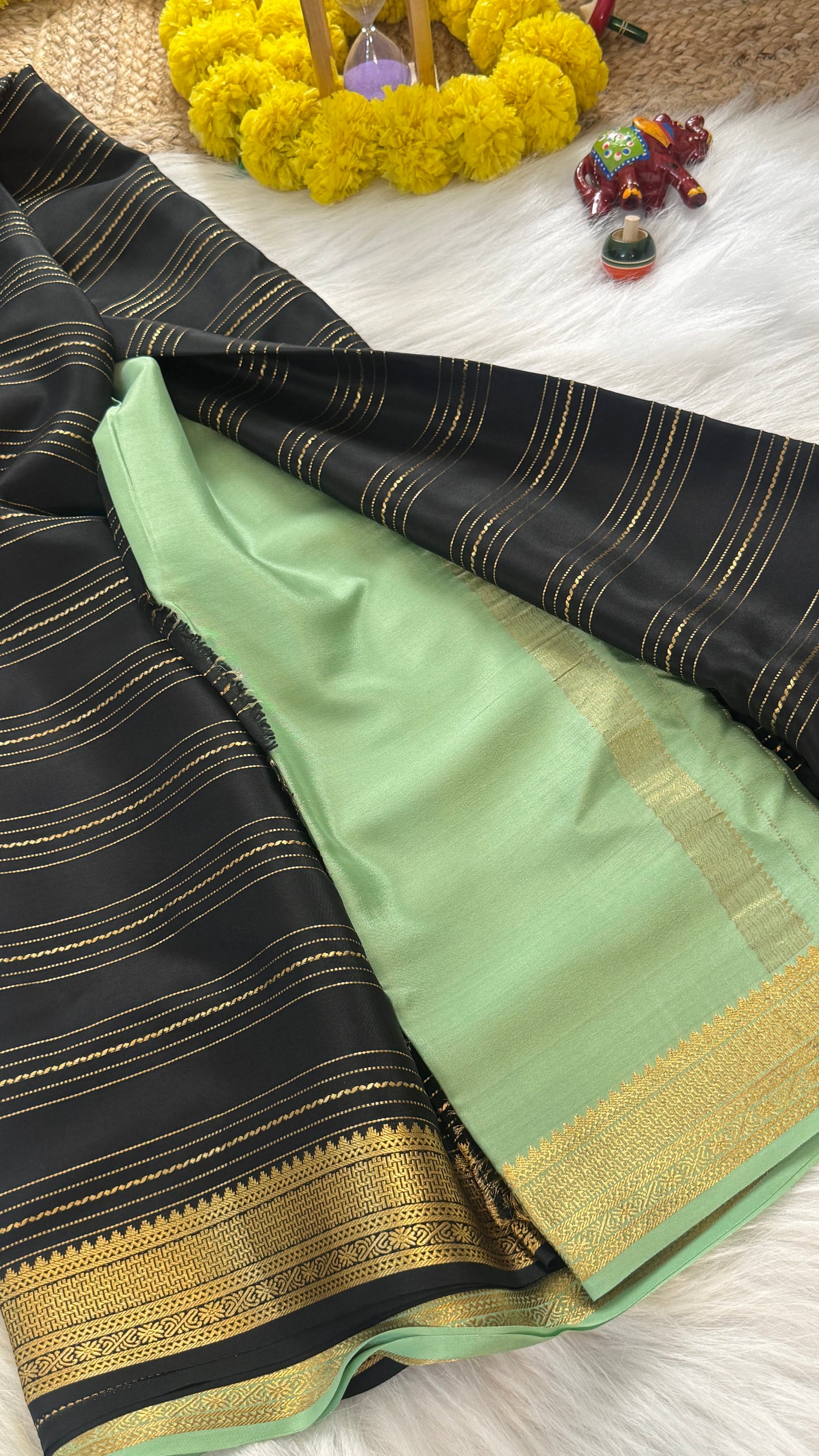 Pure Mysore Silk Sarees - Bespoke Drapes - Black & Light Green