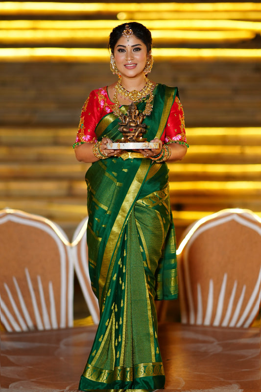 Pure Mysore Silk Saree - Jhumka Zari Solid Green