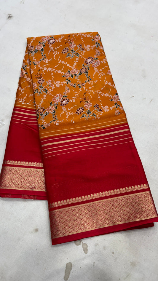 Digital Print 2D Saree - Mustard Yellow and Pink