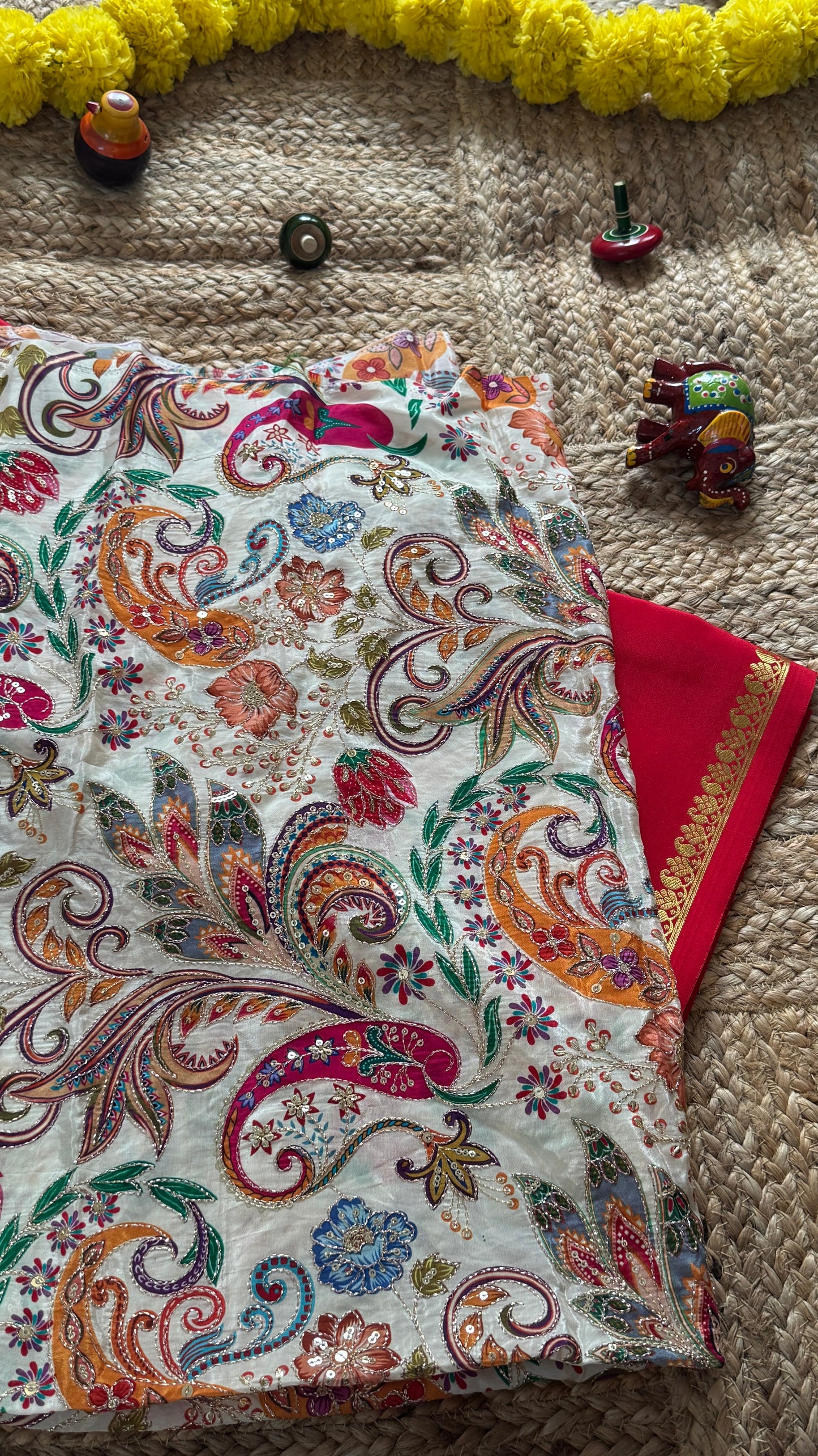Combo Offer - Red Monotone Mysuru Silk Saree + Designer second Blouse fabric