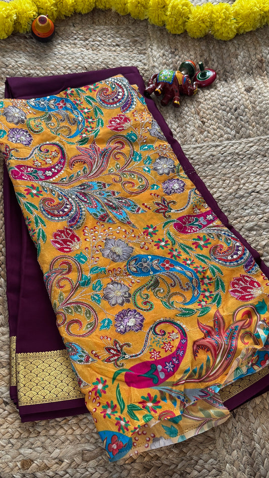 Combo Offer - Wine Monotone Mysuru Silk Saree + Designer second Blouse fabric