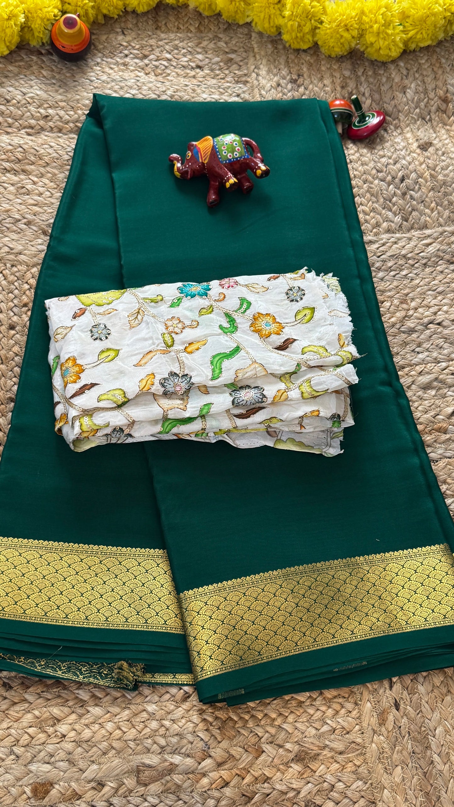 Combo Offer - Green Monotone Mysuru Silk Saree + Designer second Blouse fabric