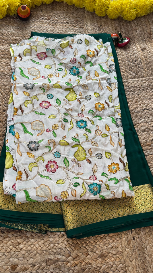 Combo Offer - Green Monotone Mysuru Silk Saree + Designer second Blouse fabric