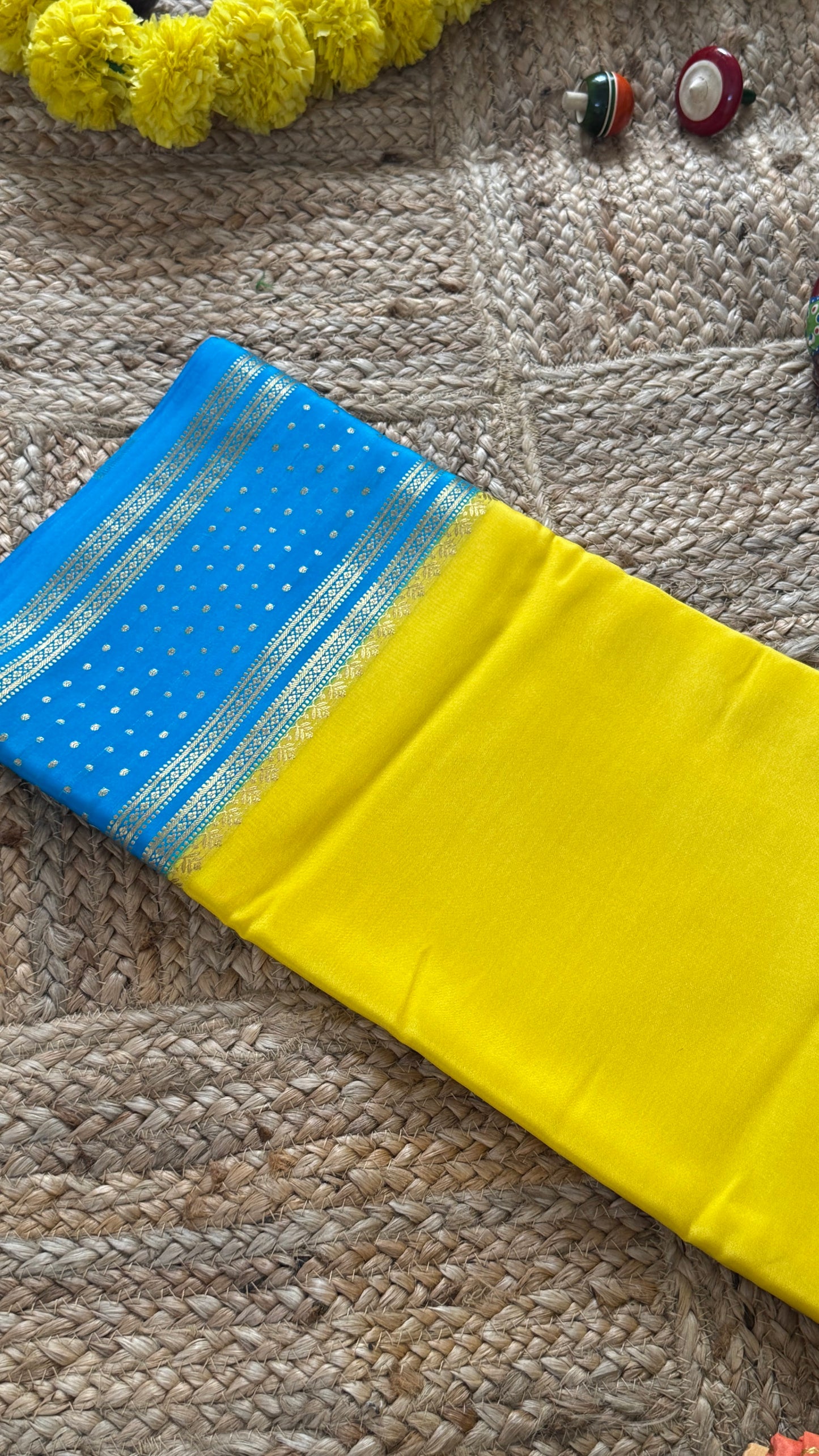Pure Mysore Silk Sarees - Bespoke Drapes - Yellow and Blue