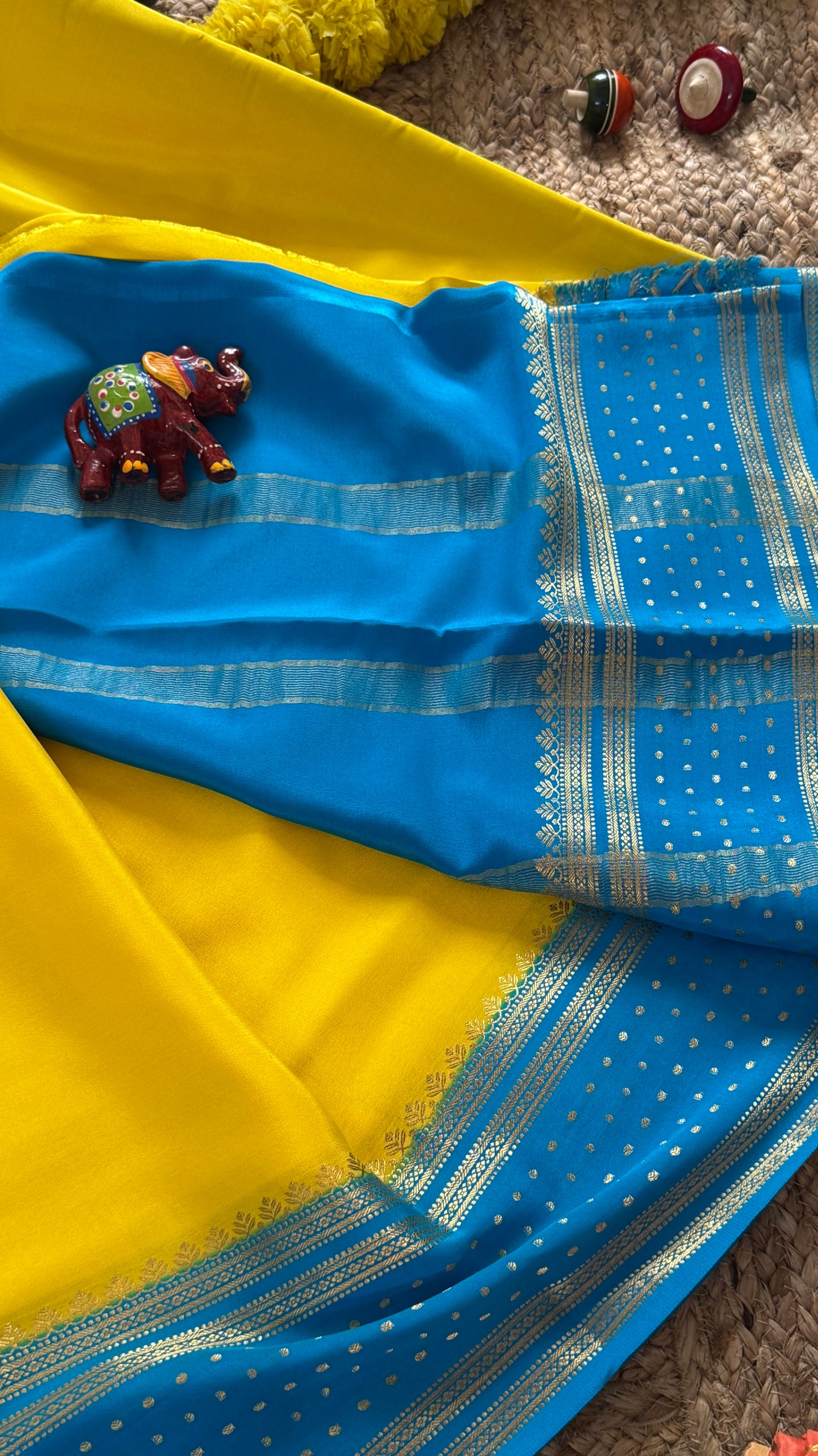 Pure Mysore Silk Sarees - Bespoke Drapes - Yellow and Blue