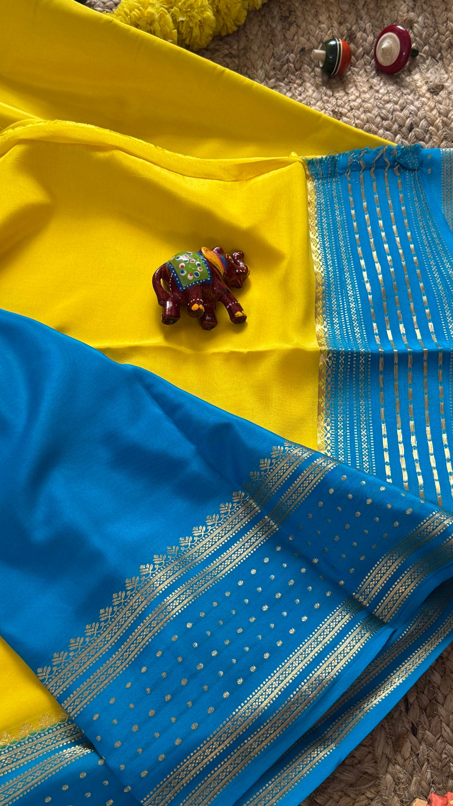 Pure Mysore Silk Sarees - Bespoke Drapes - Yellow and Blue